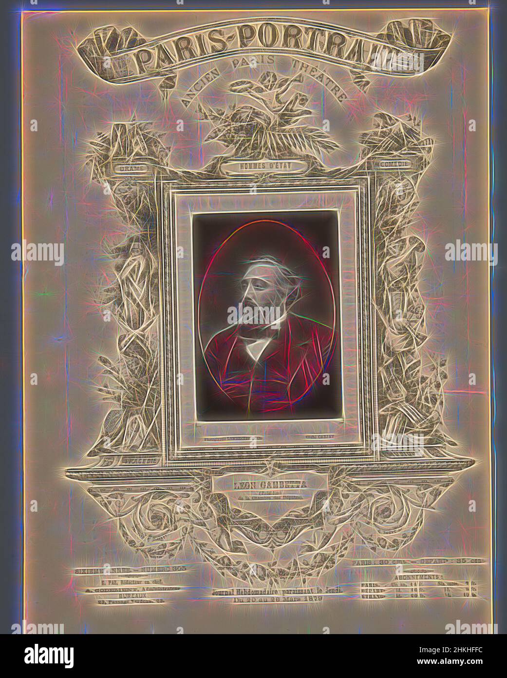 Inspiré par Portrait de Léon Gambetta, Léon Gambetta, Étienne Carjat, Lemercier & Cie., c. 1873 - avant 1880, papier, hauteur 121 mm × largeur 85 mm, réimaginé par Artotop. L'art classique réinventé avec une touche moderne. Conception de lumière chaleureuse et gaie, de luminosité et de rayonnement de lumière. La photographie s'inspire du surréalisme et du futurisme, embrassant l'énergie dynamique de la technologie moderne, du mouvement, de la vitesse et révolutionne la culture Banque D'Images