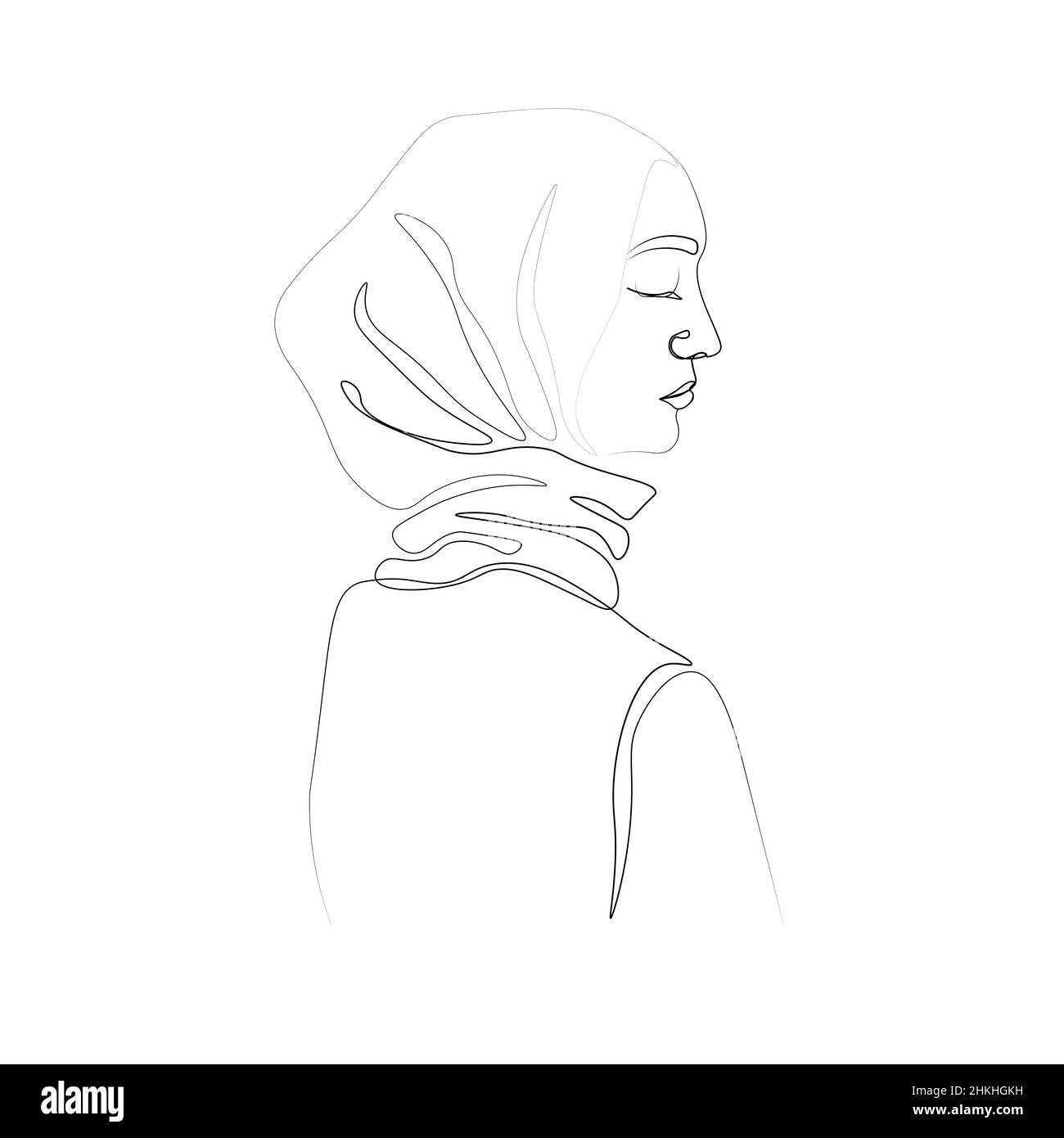 Conduite en ligne continue d'une femme musulmane profil facial sen de côté.Illustration vectorielle isolée sur fond blanc, dessin au trait Illustration de Vecteur