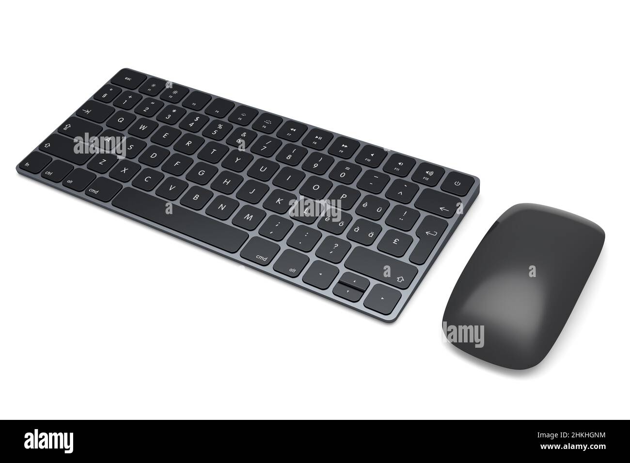 Clavier et souris modernes en aluminium noir isolés sur fond blanc. Rendu 3D de l'équipement pour le bureau à domicile et l'espace de travail Banque D'Images Clavier et souris modernes en aluminium noir isolés sur fond blanc. Rendu 3D de l'équipement pour le bureau à domicile et l'espace de travail Banque D'Images