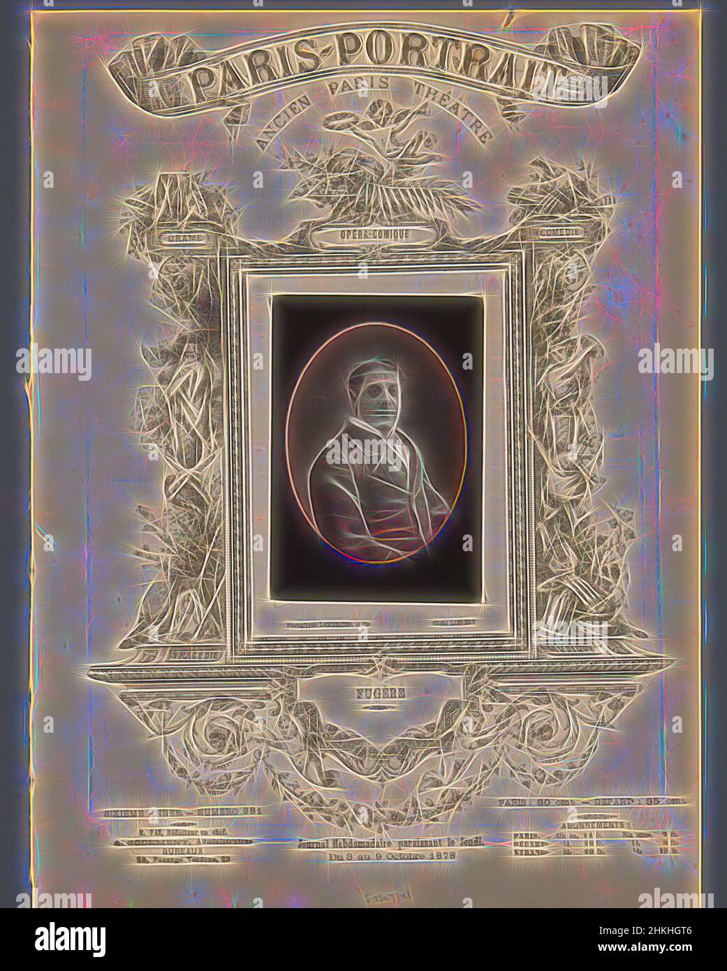 Inspiré par Portrait de Fugère, Fugère, Alphonse-Justin Liébert, Lemercier & Cie., c. 1873 - avant 1880, papier, hauteur 124 mm × largeur 86 mm, réimaginé par Artotop. L'art classique réinventé avec une touche moderne. Conception de lumière chaleureuse et gaie, de luminosité et de rayonnement de lumière. La photographie s'inspire du surréalisme et du futurisme, embrassant l'énergie dynamique de la technologie moderne, du mouvement, de la vitesse et révolutionne la culture Banque D'Images