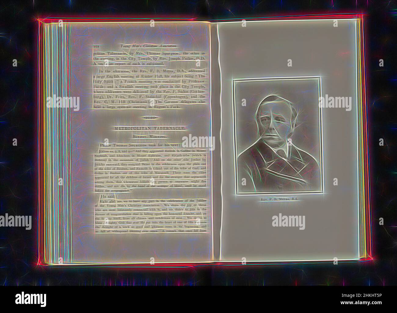 Inspiré par Portrait de Frederick Brotherton Meyer, Rév. F. B. Meyer, B.A., fabricant:, c. 1890 - avant 1895, papier, hauteur 101 mm × largeur 76 mm, réimaginé par Artotop. L'art classique réinventé avec une touche moderne. Conception de lumière chaleureuse et gaie, de luminosité et de rayonnement de lumière. La photographie s'inspire du surréalisme et du futurisme, embrassant l'énergie dynamique de la technologie moderne, du mouvement, de la vitesse et révolutionne la culture Banque D'Images