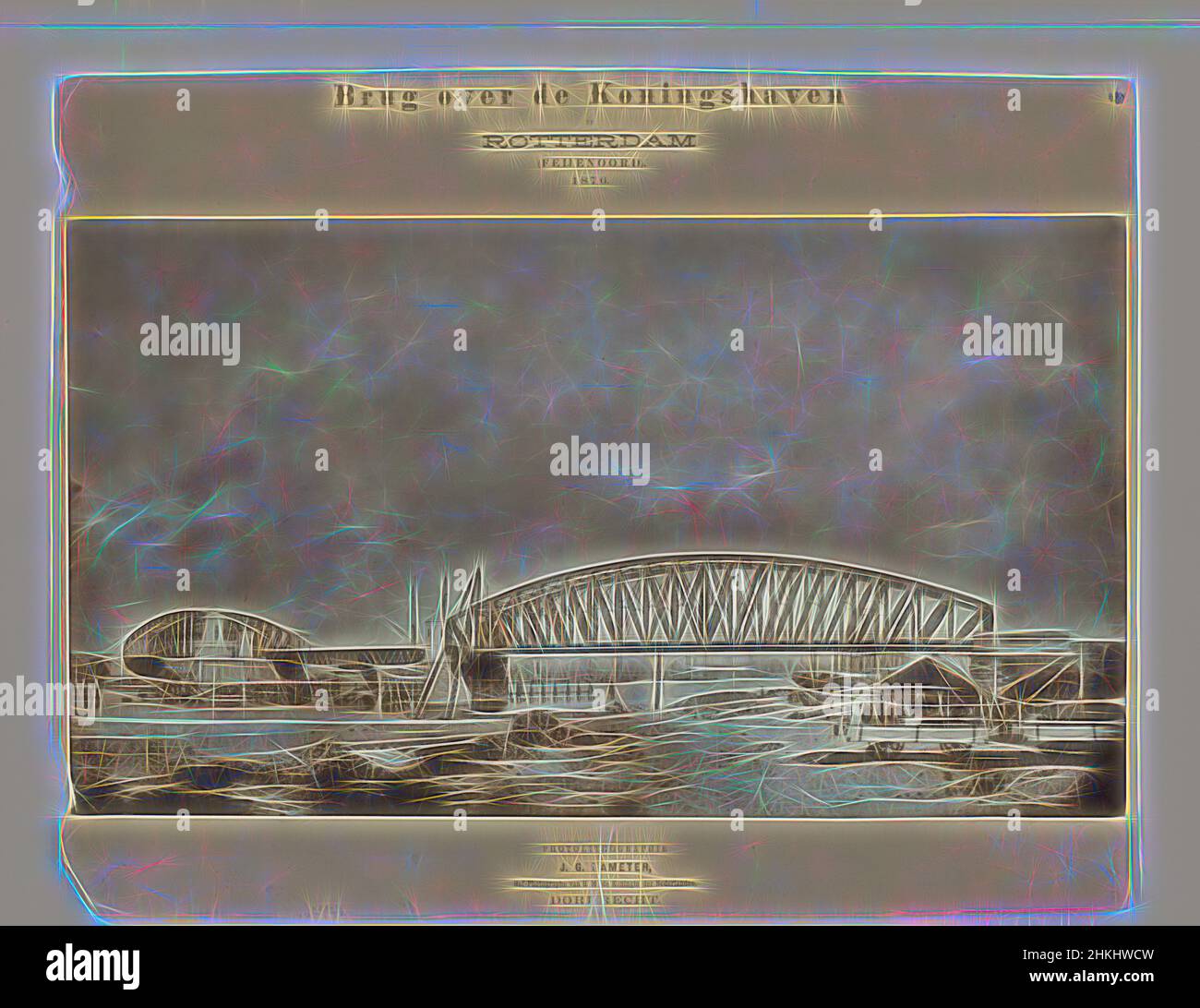 Inspiré par le pont sur le Koningshaven à Rotterdam (Feijenoord), Johann Georg Hameter, Dordrecht, 1876, papier, collotype, hauteur 269 mm × largeur 478 mm, repensé par Artotop. L'art classique réinventé avec une touche moderne. Conception de lumière chaleureuse et gaie, de luminosité et de rayonnement de lumière. La photographie s'inspire du surréalisme et du futurisme, embrassant l'énergie dynamique de la technologie moderne, du mouvement, de la vitesse et révolutionne la culture Banque D'Images
