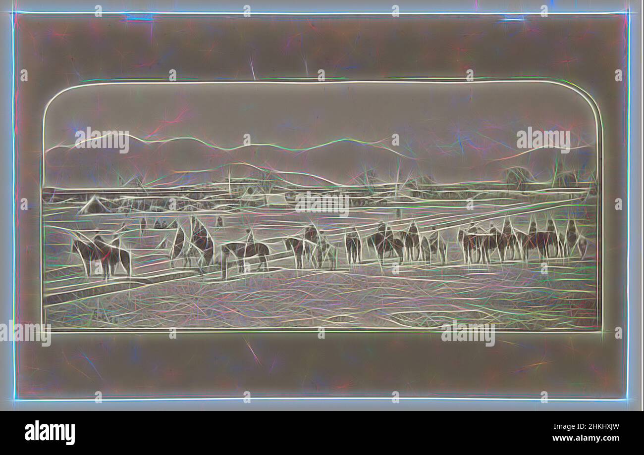 Inspiré par l'unité de l'Armée britannique du maréchal Frederick Sleigh Roberts à cheval près d'un camp militaire pendant la Seconde Guerre entre les Anglais et l'Afghanistan, John Burke, Afghanistan, 1878 - 1880, papier, Imprimé albumine, hauteur 196 mm × largeur 313 mm, repensé par Artotop. L'art classique réinventé avec une touche moderne. Conception de lumière chaleureuse et gaie, de luminosité et de rayonnement de lumière. La photographie s'inspire du surréalisme et du futurisme, embrassant l'énergie dynamique de la technologie moderne, du mouvement, de la vitesse et révolutionne la culture Banque D'Images