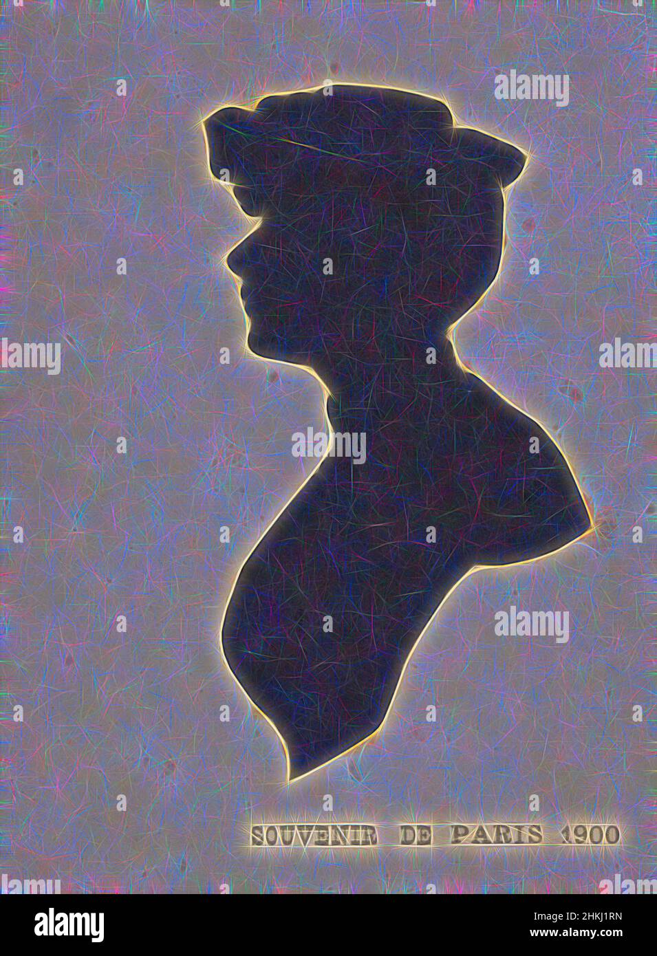 Inspiré par Silhouette d'une femme (Paris), fabricant:, Paris, c. 1860 - c. 1915, papier, collage, hauteur 135 mm × largeur 100 mm, repensé par Artotop. L'art classique réinventé avec une touche moderne. Conception de lumière chaleureuse et gaie, de luminosité et de rayonnement de lumière. La photographie s'inspire du surréalisme et du futurisme, embrassant l'énergie dynamique de la technologie moderne, du mouvement, de la vitesse et révolutionne la culture Banque D'Images