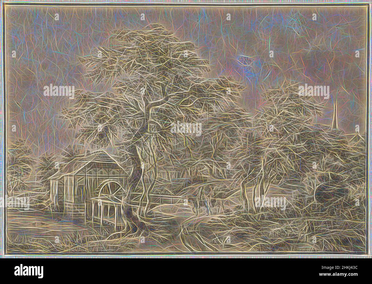 Inspiré par Paysage avec moulin à eau et deux cavaliers, dessinateur: Petrus Adrianus Koppius, après: Meindert Hobbema, 1823 - 1868, papier, pinceau, Hauteur 114 mm × largeur 165 mm, repensé par Artotop. L'art classique réinventé avec une touche moderne. Conception de lumière chaleureuse et gaie, de luminosité et de rayonnement de lumière. La photographie s'inspire du surréalisme et du futurisme, embrassant l'énergie dynamique de la technologie moderne, du mouvement, de la vitesse et révolutionne la culture Banque D'Images
