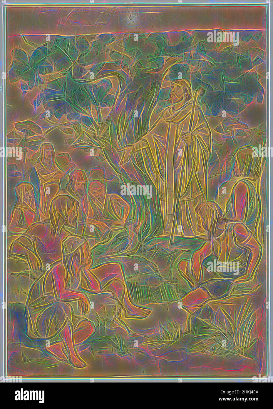 Inspiré par la prédication du christianisme à Drenthe, conception d'une murale dans l'ancien Statenzaal de la Provinciehuis Drenthe (aujourd'hui Musée des Drents)., dessinateur: Georg Sturm, 1904, papier, encre, Pinceau, stylo, hauteur 283 mm × largeur 198 mm, repensé par Artotop. L'art classique réinventé avec une touche moderne. Conception de lumière chaleureuse et gaie, de luminosité et de rayonnement de lumière. La photographie s'inspire du surréalisme et du futurisme, embrassant l'énergie dynamique de la technologie moderne, du mouvement, de la vitesse et révolutionne la culture Banque D'Images