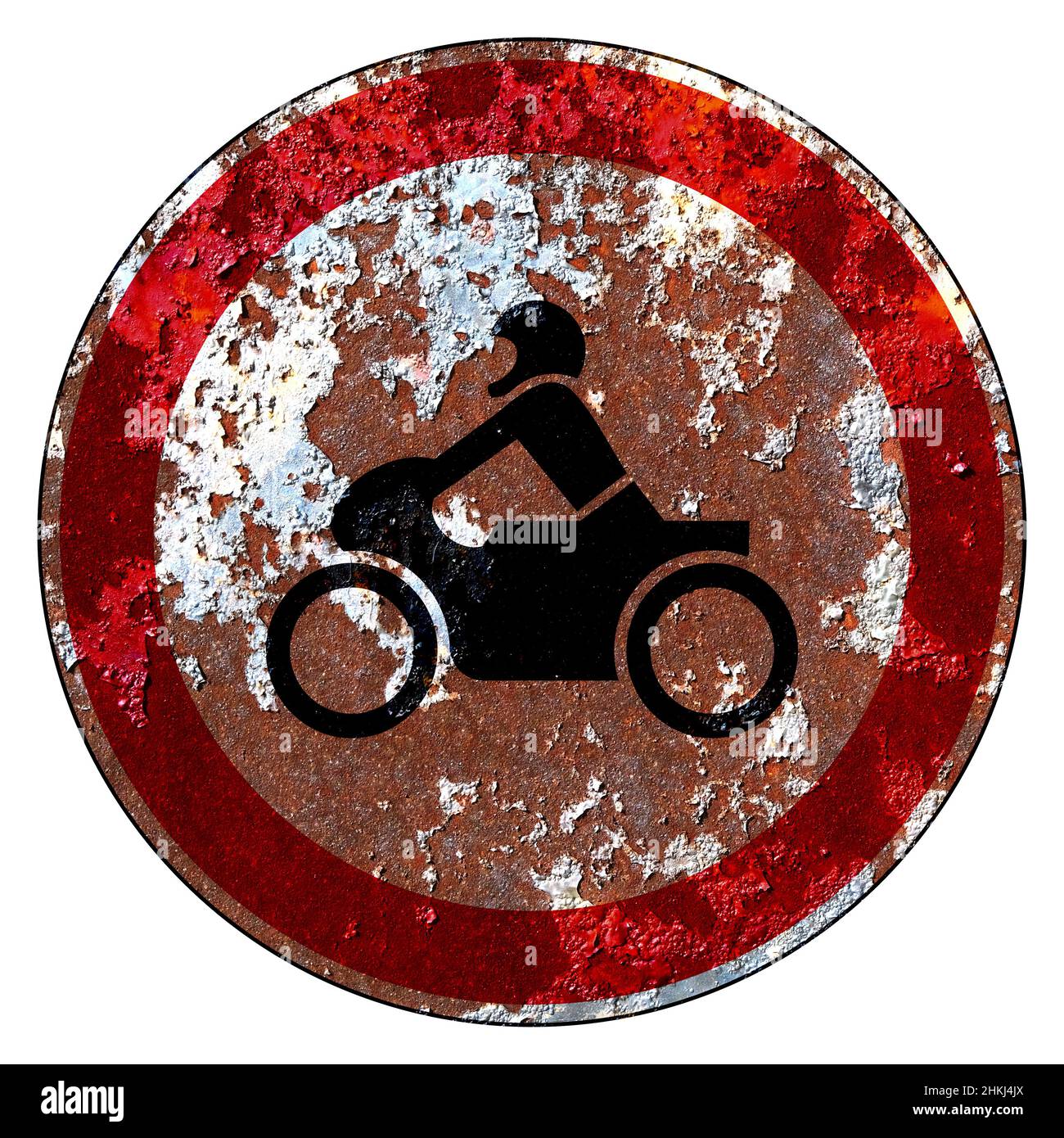 Old grunge route UE panneau d'interdiction - route fermée aux motos Banque D'Images