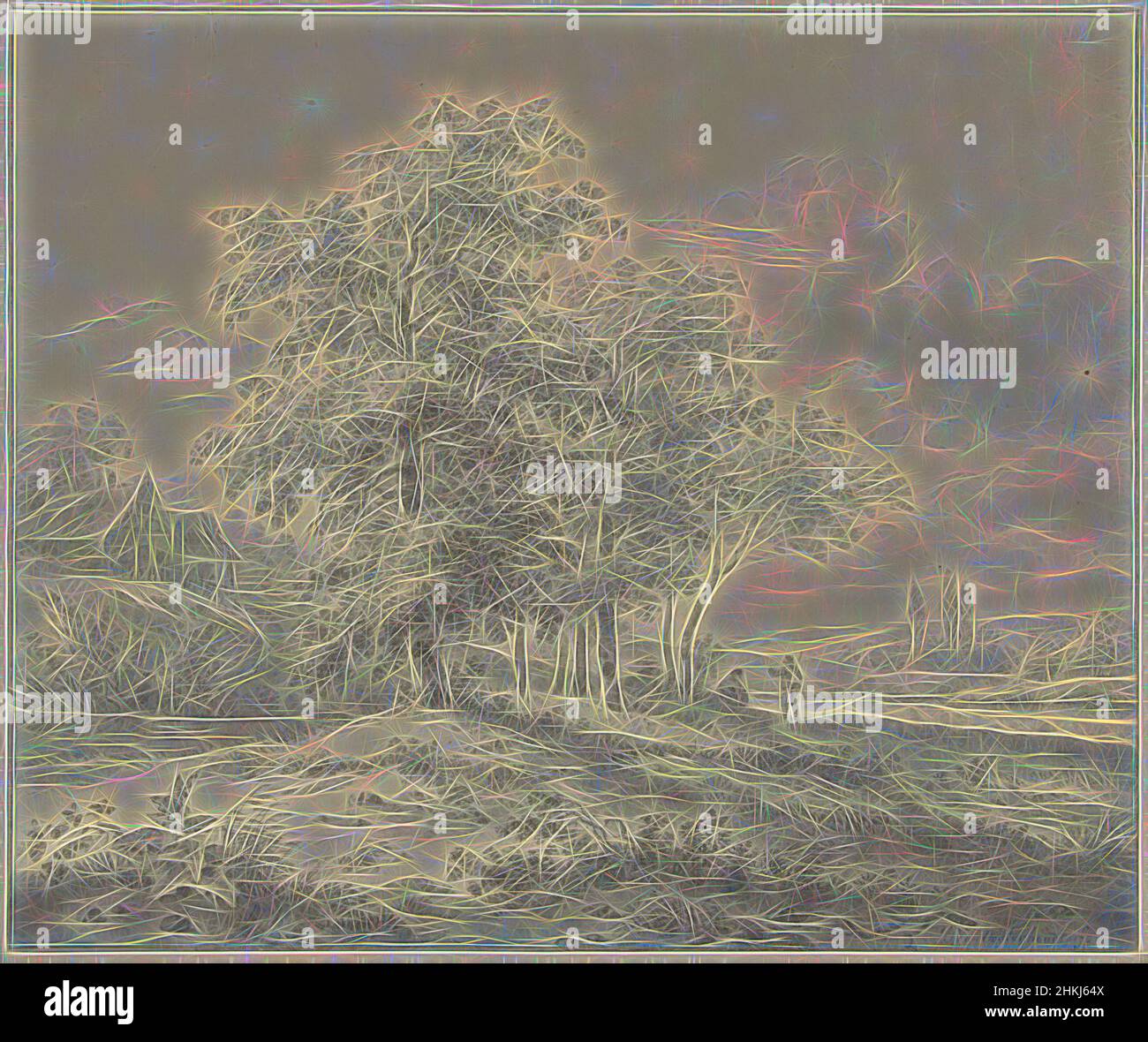 Inspiré par Paysage avec deux figures sous les arbres, dessinateur: Daniël van Oosterhoudt, dessinateur: Dirk van Oosterhoudt, 1791 - 1850 et/ou 1766 - 1830, papier, craie, pinceau, hauteur 278 mm × largeur 333 mm, réimaginé par Artotop. L'art classique réinventé avec une touche moderne. Conception de lumière chaleureuse et gaie, de luminosité et de rayonnement de lumière. La photographie s'inspire du surréalisme et du futurisme, embrassant l'énergie dynamique de la technologie moderne, du mouvement, de la vitesse et révolutionne la culture Banque D'Images