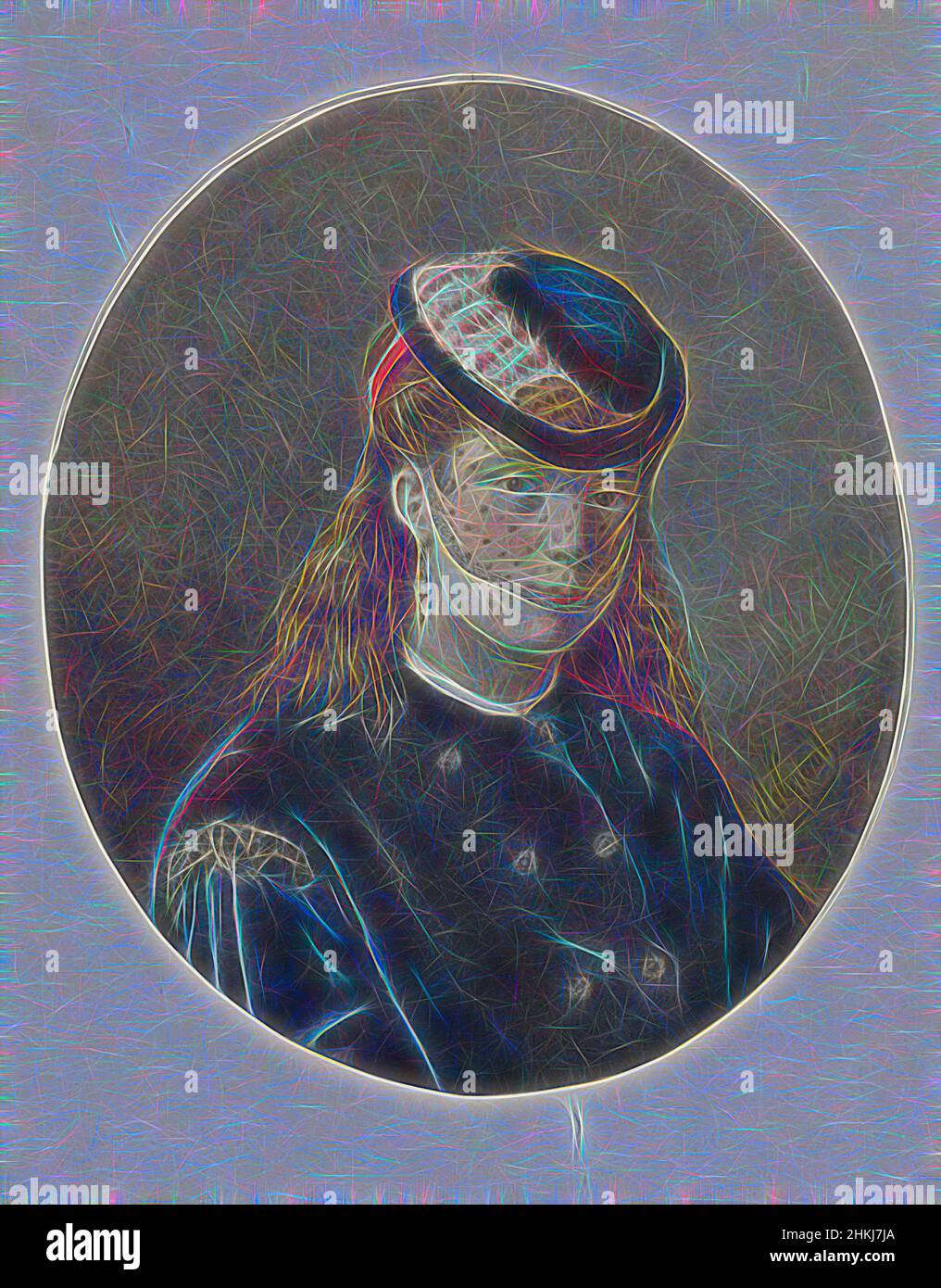 Inspiré par Portrait d'une jeune femme portant un chapeau avec voile, dessinateur: Joseph de Groot, 1838 - 1899, papier, aquarelle (peinture), pinceau, Hauteur 149 mm × largeur 127 mm, repensé par Artotop. L'art classique réinventé avec une touche moderne. Conception de lumière chaleureuse et gaie, de luminosité et de rayonnement de lumière. La photographie s'inspire du surréalisme et du futurisme, embrassant l'énergie dynamique de la technologie moderne, du mouvement, de la vitesse et révolutionne la culture Banque D'Images