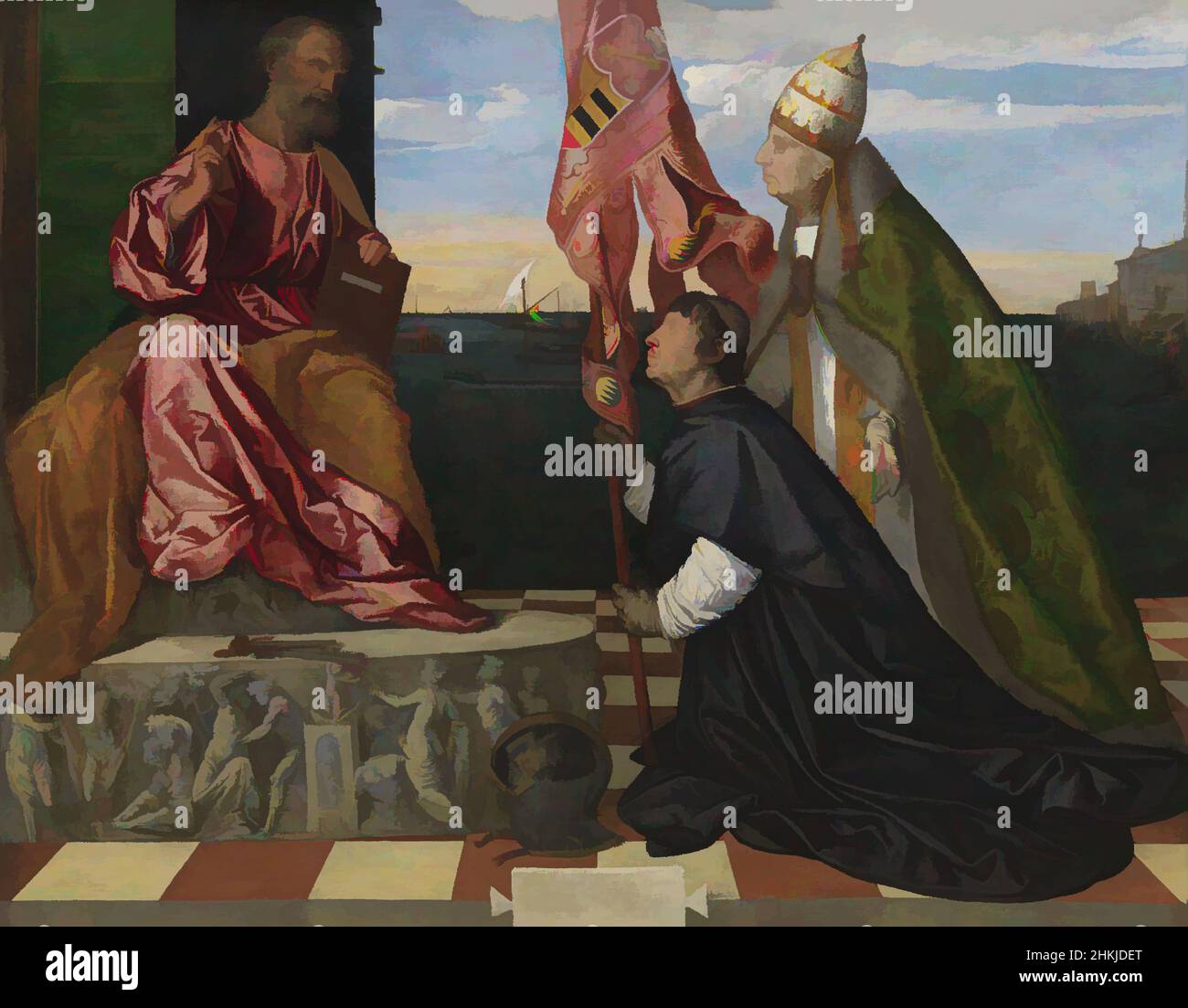 Art inspiré par Jacopo Pesaro, évêque de Paphos, présenté par le Pape Alexandre VI Borgia à Saint Pierre, Titien, (1503-1510), peinture, (1503-1510), Art belge, œuvres classiques modernisées par Artotop avec une touche de modernité. Formes, couleur et valeur, impact visuel accrocheur sur l'art émotions par la liberté d'œuvres d'art d'une manière contemporaine. Un message intemporel qui cherche une nouvelle direction créative. Artistes qui se tournent vers le support numérique et créent le NFT Artotop Banque D'Images
