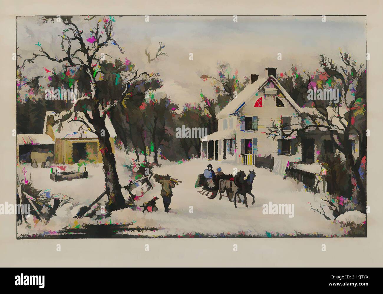 Art inspiré par American Homestead Winter, Currier & Ives, cuisine américaine, lithographie de couleur main sur papier vélin, 1868-1869, feuille : 9 3/4 x 13 13/16 po, 24,8 x 35,1 cm, cuisine américaine, américaine, corvées, scène campagnard, Chien et maître, bois de chauffage, bon vieux jours, traîneau tiré par cheval, nostalgie, Nostalgique, les œuvres classiques modernisées par Artotop avec une touche de modernité. Formes, couleur et valeur, impact visuel accrocheur sur l'art émotions par la liberté d'œuvres d'art d'une manière contemporaine. Un message intemporel qui cherche une nouvelle direction créative. Artistes qui se tournent vers le support numérique et créent le NFT Artotop Banque D'Images