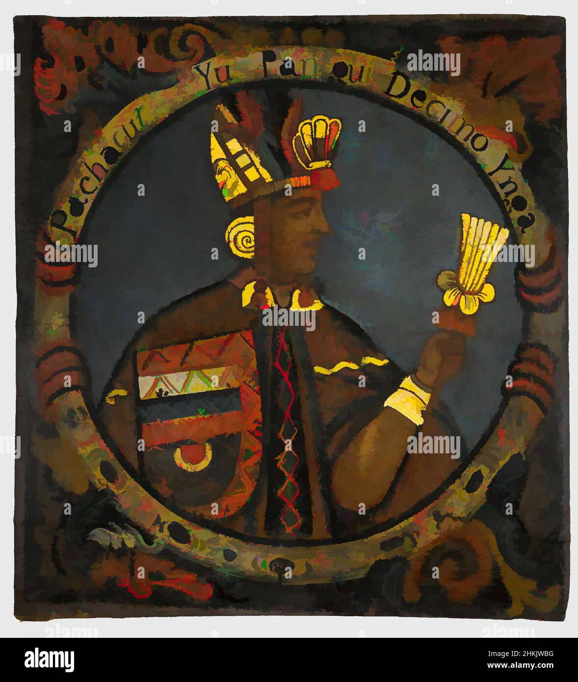 Art inspiré par Pachacuti, dixième Inca, 1 de 14 Portraits de Rois Inca, péruvien, huile sur toile, Pérou, mi-18th siècle, Probablement, période coloniale, 23 9/16 x 21 9/16in., 59,8 x 54,8cm, brassards, B&W, conquête, couronne, écouteurs, adresse, patrimoine hispanique, historique, inca, roi, latin, oeuvres classiques modernisées par Artotop avec une touche de modernité. Formes, couleur et valeur, impact visuel accrocheur sur l'art émotions par la liberté d'œuvres d'art d'une manière contemporaine. Un message intemporel qui cherche une nouvelle direction créative. Artistes qui se tournent vers le support numérique et créent le NFT Artotop Banque D'Images