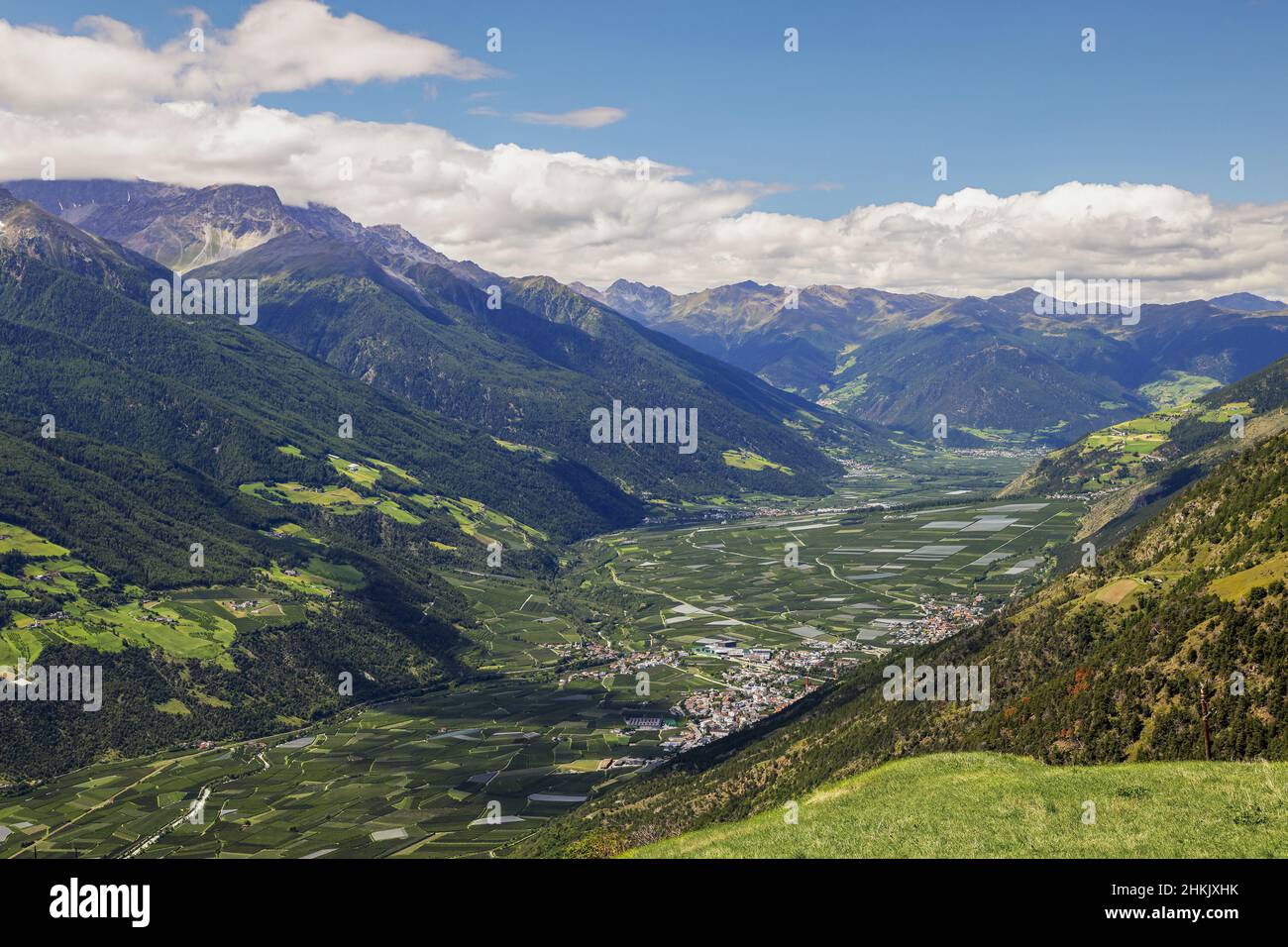 Vue de Saint Martin im Kofel à l'ouest dans la vallée d'Etsch, Italie, Tyrol du Sud, Latsch Banque D'Images
