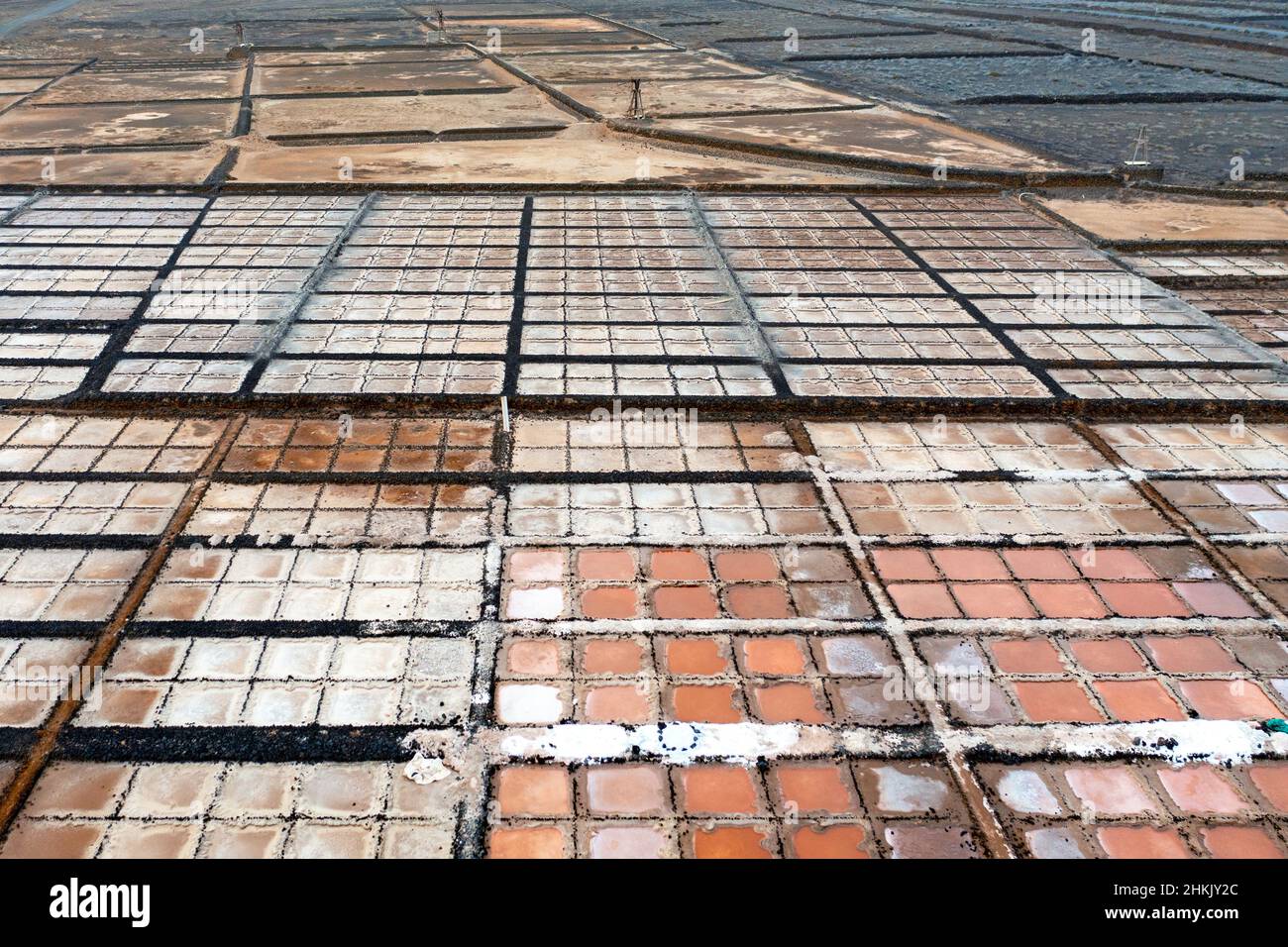 Salinas de Los Cocoteros, étangs d'évaporation avec divers contenus de sel, photo aérienne, îles Canaries, Lanzarote, Guatiza Banque D'Images