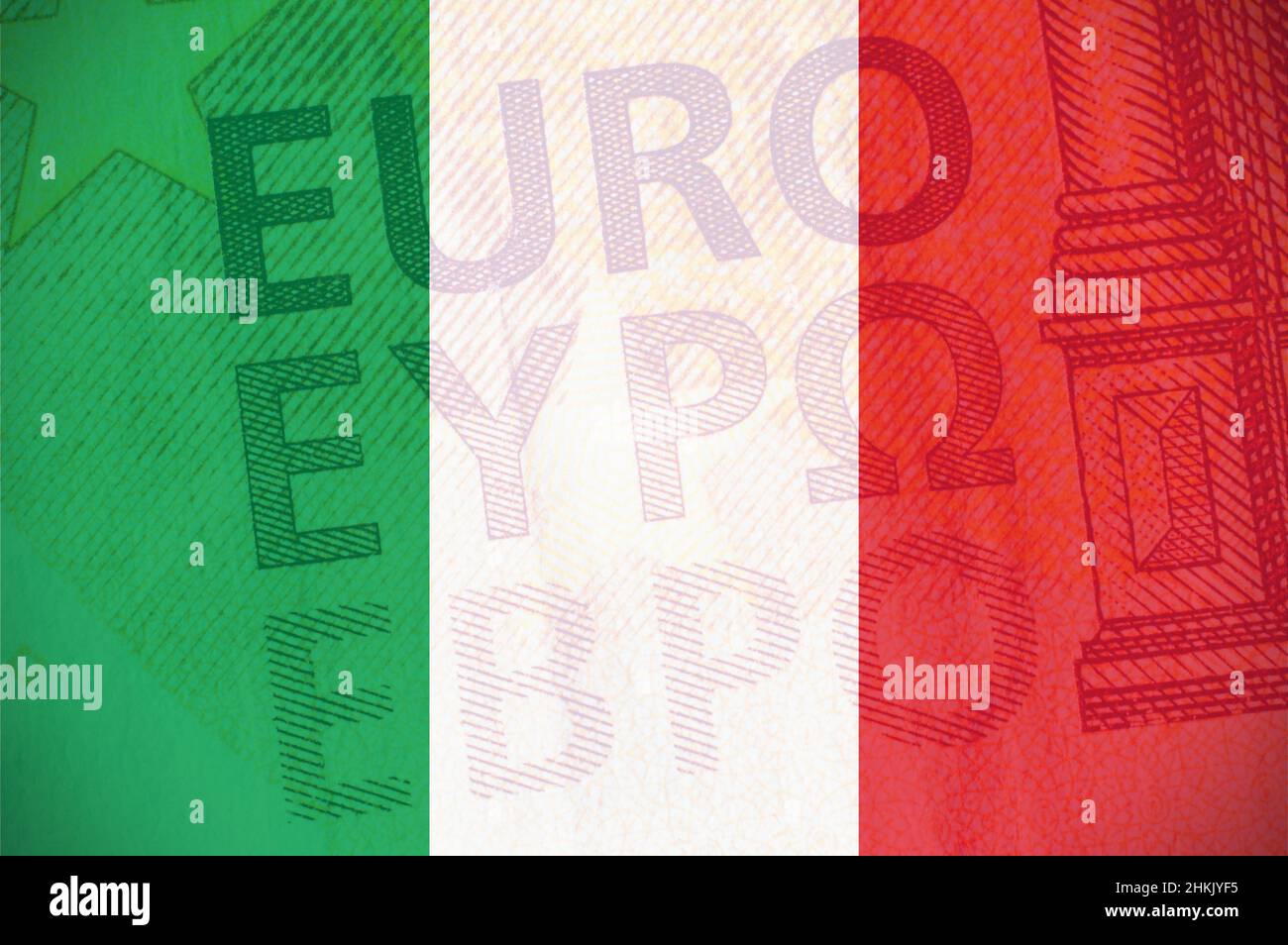 Drapeau italien avec la macro des billets en euros comme arrière-plan. Banque D'Images