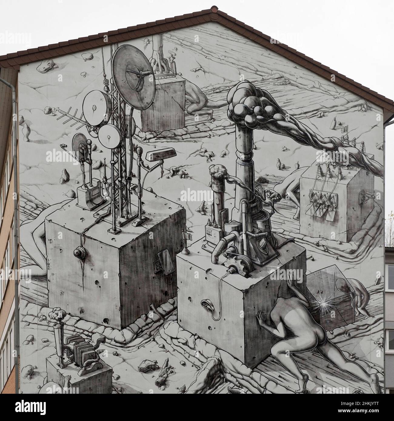 Art de rue intitulé la cécité, conception socialement critique d'une façade de maison, Allemagne, Hesse, Cassel Banque D'Images