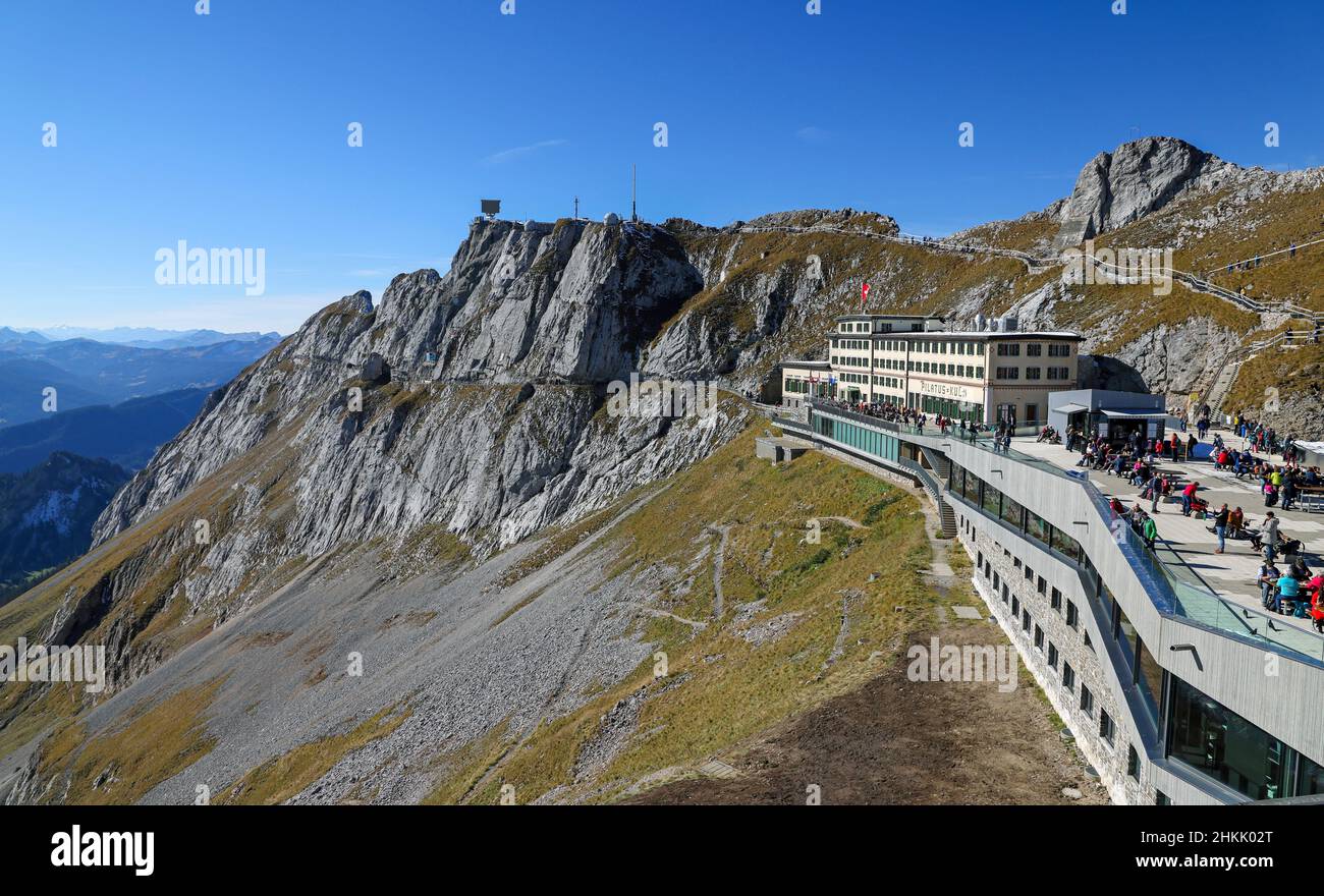 Hotel Pilatus-Kulm avec terrasse Alpnach sur le Mont Pilatus, Suisse, Obwalden Banque D'Images
