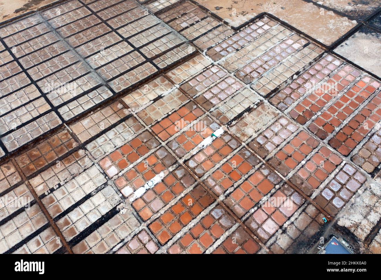 Salinas de Los Cocoteros, étangs d'évaporation avec divers contenus de sel, photo aérienne, îles Canaries, Lanzarote, Guatiza Banque D'Images