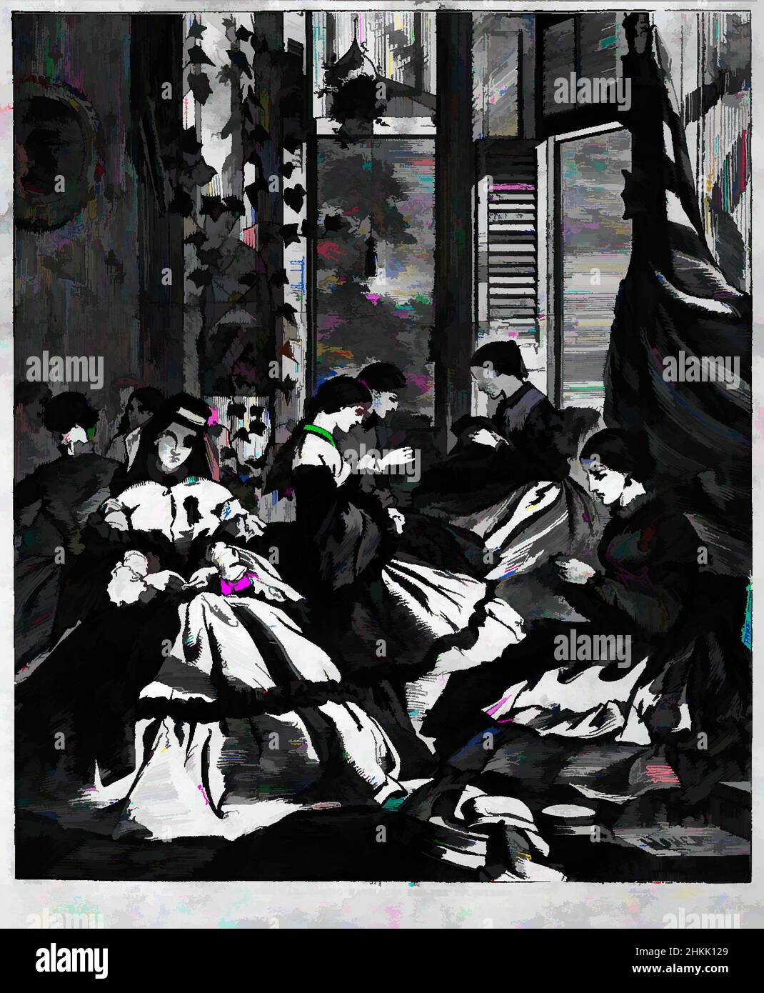 Art inspiré par la guerre--faire Havelocks pour les volontaires, Winslow Homer, américain, 1836-1910, gravure de bois, 1861, Illustration : 9 x 13 3/4 po., 1861, guerre civile, Harper's Weekly, Sesquicentennial, Couture, effort de guerre, Winslow Homer, femmes, oeuvres classiques modernisées par Artotop avec une touche de modernité. Formes, couleur et valeur, impact visuel accrocheur sur l'art émotions par la liberté d'œuvres d'art d'une manière contemporaine. Un message intemporel qui cherche une nouvelle direction créative. Artistes qui se tournent vers le support numérique et créent le NFT Artotop Banque D'Images