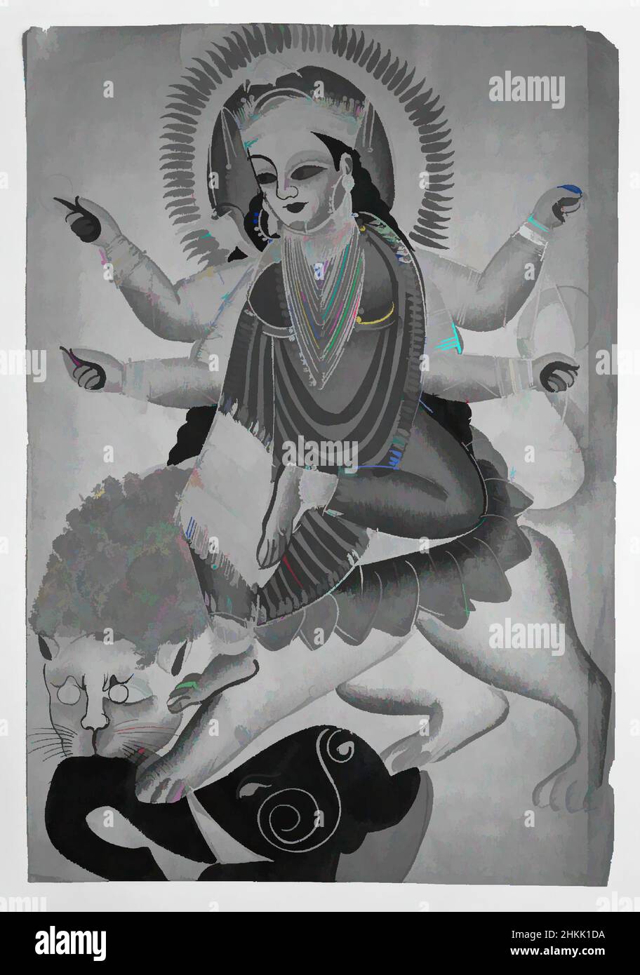 Art inspiré par la déesse Durga Astaride a Lion, aquarelles sur papier avec des accents d'étain poli, Kolkata, Calcutta, Bengale occidental, Inde, Fin 19th-début 20th siècle, 16 x 11 po., 40,6 x 27,9 cm, œuvres classiques modernisées par Artotop avec une touche de modernité. Formes, couleur et valeur, impact visuel accrocheur sur l'art émotions par la liberté d'œuvres d'art d'une manière contemporaine. Un message intemporel qui cherche une nouvelle direction créative. Artistes qui se tournent vers le support numérique et créent le NFT Artotop Banque D'Images