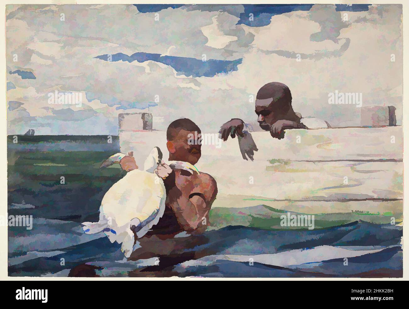 Art inspiré par The Turtle Pound, Winslow Homer, cuisine américaine, 1836-1910, aquarelle sur crayon, 1898, 14 15/16 x 21 3/8 po, 38,0 x 54,2 cm, Afro-Américains, Afro-américains, animaux, hommes noirs, capture, capture, nuages, pêche, nourriture, saisie, homer, chasse, chasse, style de vie, Masculin, Classic œuvres modernisées par Artotop avec une touche de modernité. Formes, couleur et valeur, impact visuel accrocheur sur l'art émotions par la liberté d'œuvres d'art d'une manière contemporaine. Un message intemporel qui cherche une nouvelle direction créative. Artistes qui se tournent vers le support numérique et créent le NFT Artotop Banque D'Images