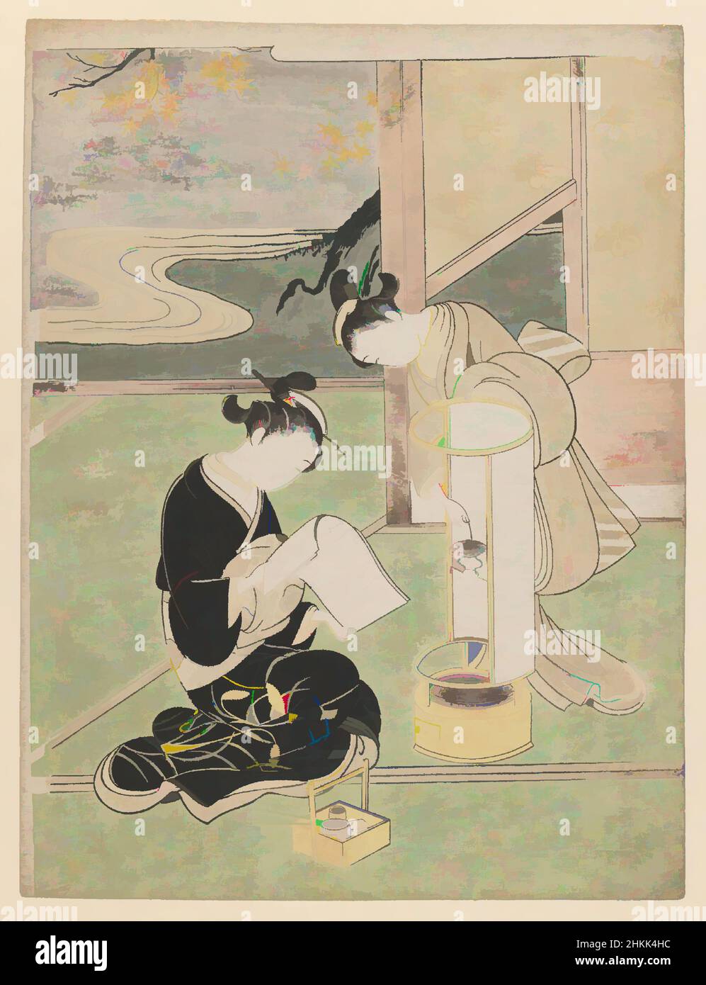 Art inspiré par Sunset Glow of the Lamp, de la série huit vues du Parlor, de la série: Zashiki Hakkei, Suzuki Harunobu, japonais, 1724-1770, impression de blocs de bois couleur sur papier, Japon, 1766, période Edo, 11 1/4 x 8 1/2 po., 28,5 x 21,6 cm, fleurs, élégant, kimonos, lampe, Œuvres classiques modernisées par Artotop avec une touche de modernité. Formes, couleur et valeur, impact visuel accrocheur sur l'art émotions par la liberté d'œuvres d'art d'une manière contemporaine. Un message intemporel qui cherche une nouvelle direction créative. Artistes qui se tournent vers le support numérique et créent le NFT Artotop Banque D'Images