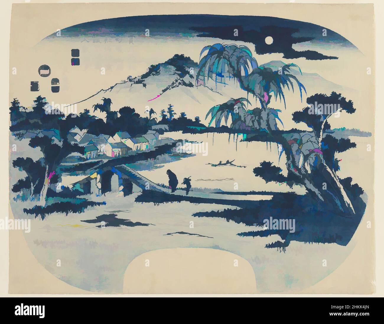 Art inspiré par la vue de Shogetsu Pond, Eisen Keisai, japonais, 1790-1848, imprimé en bois de couleur sur papier, Japon, 1829, période Edo, feuille: 9 1/2 x 11 7/8 po, 24,1 x 30,2 cm, pont, japonais, lac, paysage, monochrome, mouvement, paumes, impression, texte, Œuvres classiques modernisées par Artotop avec une touche de modernité. Formes, couleur et valeur, impact visuel accrocheur sur l'art émotions par la liberté d'œuvres d'art d'une manière contemporaine. Un message intemporel qui cherche une nouvelle direction créative. Artistes qui se tournent vers le support numérique et créent le NFT Artotop Banque D'Images