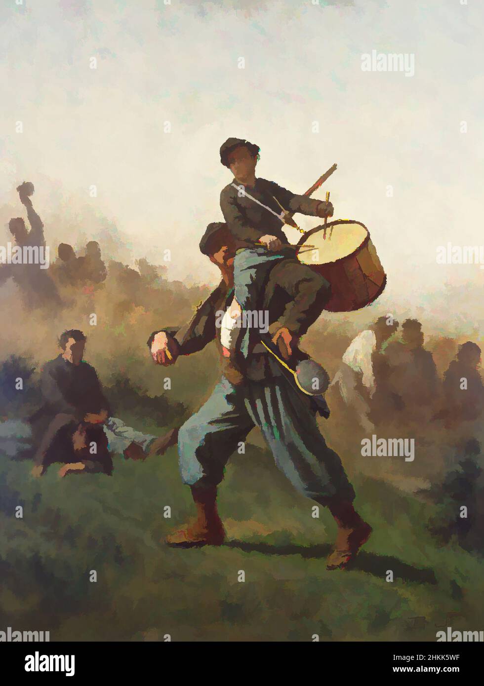 Art inspiré par l'étude pour 'le garçon blessé de batteur', Eastman Johnson, américain, 1824-1906, huile sur carton laminé, ca. 1864-1870, 21 1/2 x 16 3/4 po, 54,6 x 42,5 cm, armée, champ de bataille, cantine, enfant soldat, Guerre civile, combat, héros, peinture historique, implantables, Blessure, œuvres classiques modernisées par Artotop avec une touche de modernité. Formes, couleur et valeur, impact visuel accrocheur sur l'art émotions par la liberté d'œuvres d'art d'une manière contemporaine. Un message intemporel qui cherche une nouvelle direction créative. Artistes qui se tournent vers le support numérique et créent le NFT Artotop Banque D'Images