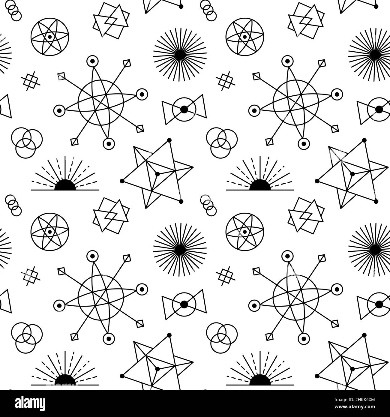 Arrière-plan du motif céleste.Texture d'astrologie sacrée sans couture avec formes géométriques du soleil, de la lune et du noir cosmique Illustration de Vecteur