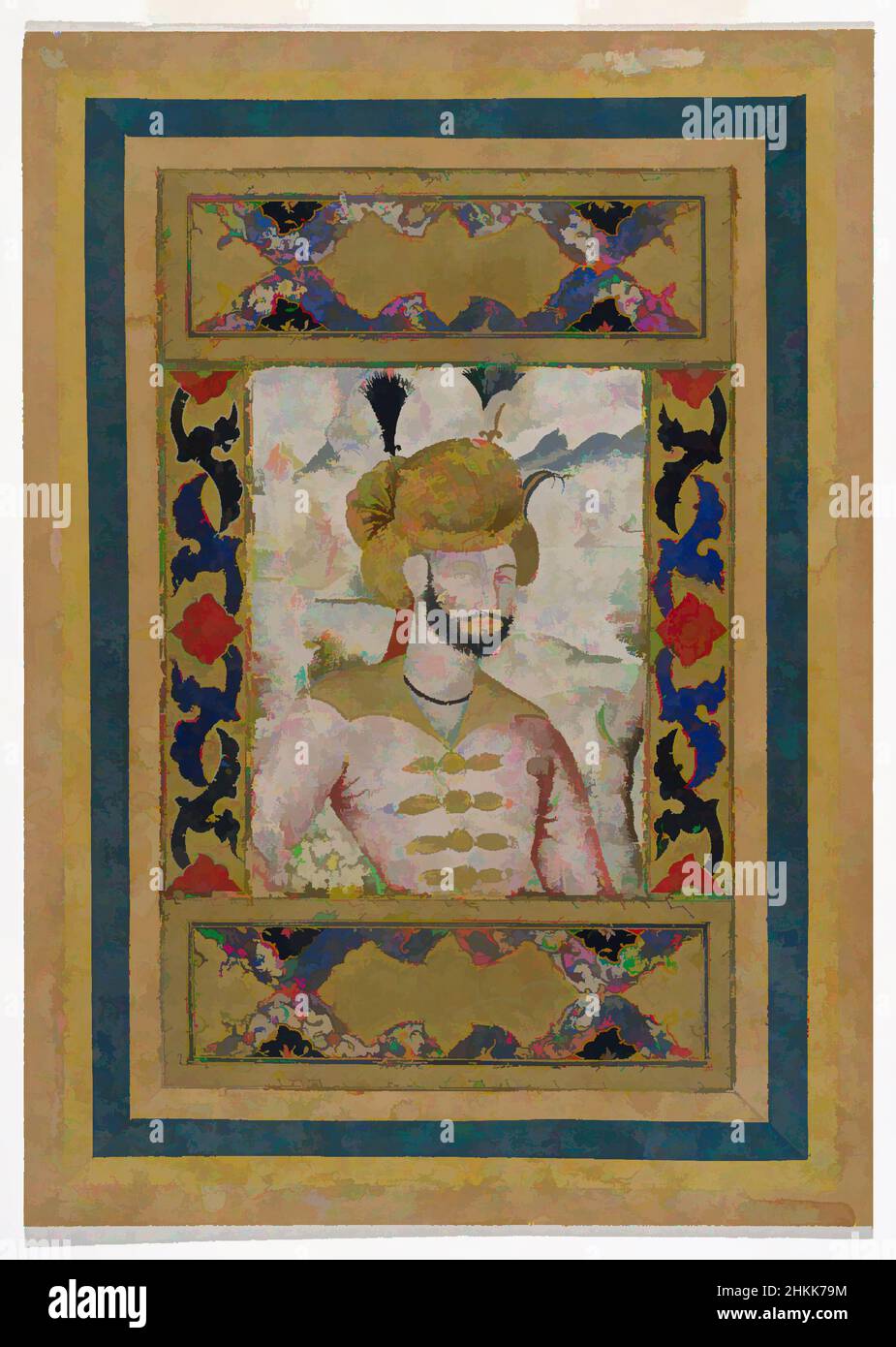 Art inspiré par Shah Abbas II, régné 1642-1667, aquarelle et or sur papier, 17th Century, Safavide, Safavide, 9 3/4 x 6 1/2 po, 24,8 x 16,5 cm, élite, gouvernement, Iran, leader, Moyen-Orient, Perse, pouvoir, royal, dirigeant, Œuvres classiques modernisées par Artotop avec une touche de modernité. Formes, couleur et valeur, impact visuel accrocheur sur l'art émotions par la liberté d'œuvres d'art d'une manière contemporaine. Un message intemporel qui cherche une nouvelle direction créative. Artistes qui se tournent vers le support numérique et créent le NFT Artotop Banque D'Images