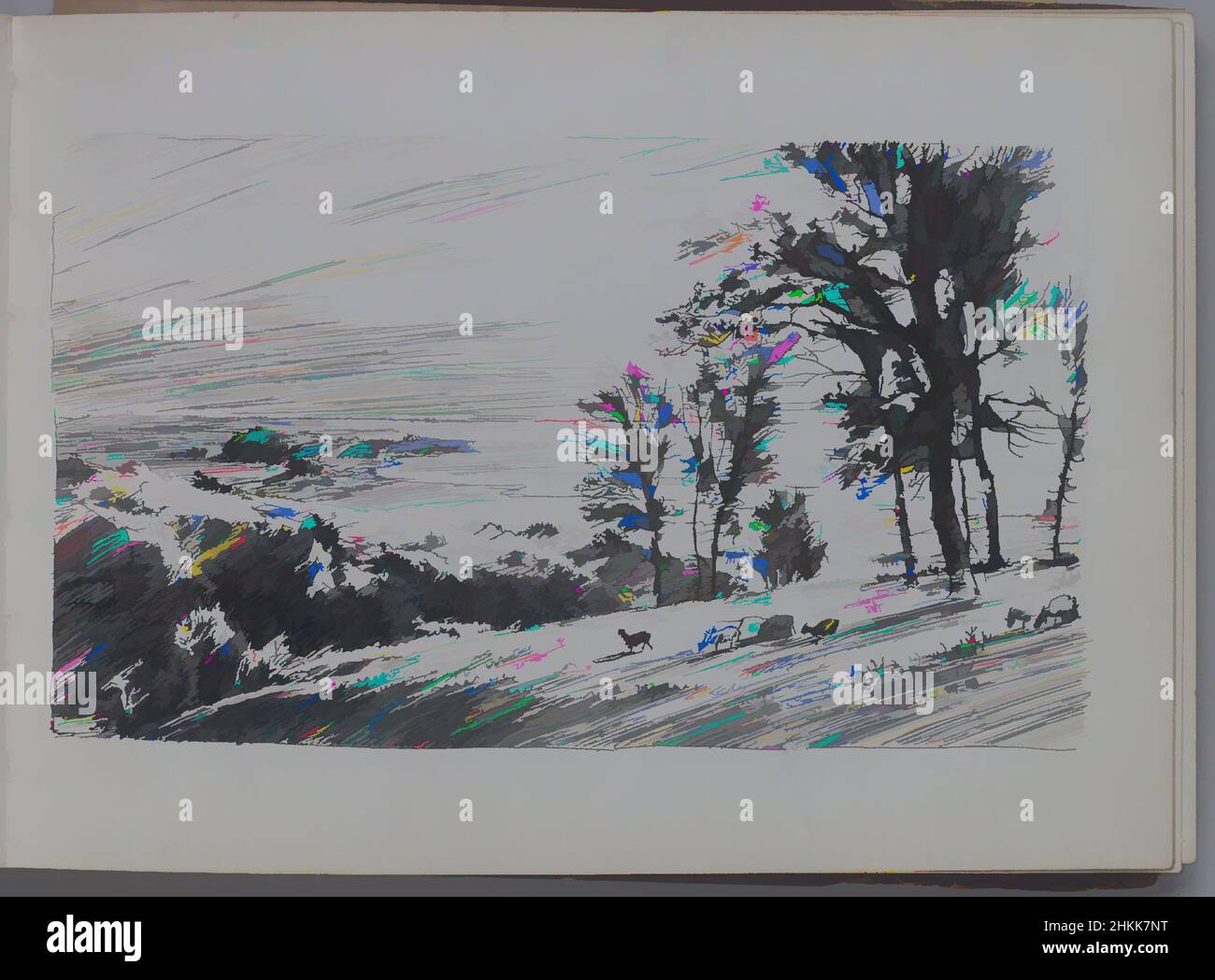 Art inspiré par Sketchbook, Marines and Landscapes, William Trost Richards, cuisine américaine, 1833-1905, Crayon ou encre sur papier, env. 1890, 5 x 6 15/16 po, 12,7 x 17,6 cm, 19th Century, animaux, noir et blanc, env. 1890, dessin, herbe, pâturage, Paysage, Moutons, croquis, arbres, vue, oeuvres classiques modernisées par Artotop avec une touche de modernité. Formes, couleur et valeur, impact visuel accrocheur sur l'art émotions par la liberté d'œuvres d'art d'une manière contemporaine. Un message intemporel qui cherche une nouvelle direction créative. Artistes qui se tournent vers le support numérique et créent le NFT Artotop Banque D'Images