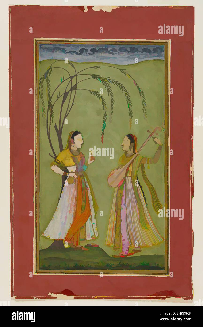 Art inspiré par deux Dames dans un paysage, Indien, aquarelle opaque sur papier, Deccan, Inde, ca. 1725, feuille : 8 11/16 x 5 1/2 po, 22,1 x 14,0 cm, nuages, Déccan, vert, cheveux, Paysage, instrument de musique, papier, Tanpura, Tikka, Aquarelle, femmes, œuvres classiques modernisées par Artotop avec une touche de modernité. Formes, couleur et valeur, impact visuel accrocheur sur l'art émotions par la liberté d'œuvres d'art d'une manière contemporaine. Un message intemporel qui cherche une nouvelle direction créative. Artistes qui se tournent vers le support numérique et créent le NFT Artotop Banque D'Images