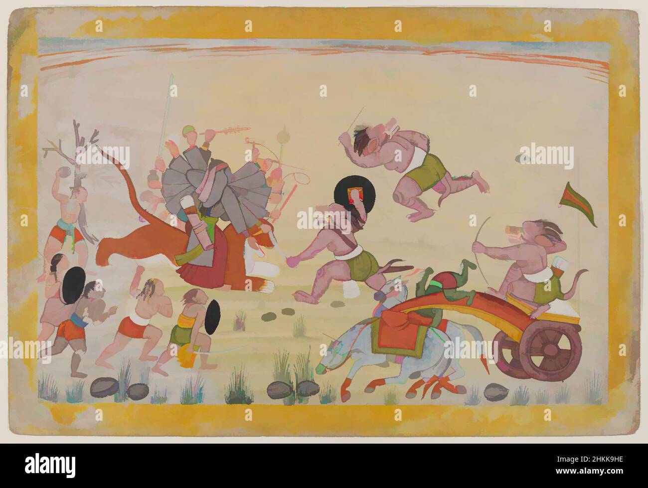 Art inspiré par Mahasura attaque le Devi, Folio d'une série dispersée de Mahatmya Devi, Indian, aquarelle opaque sur papier, Guler, Punjab Hills, Inde, ca. 1770-1780, feuille : 7 7/8 x 11 5/8 po, 20,0 x 29,5 cm, 18th siècle, animaux, flèches, asiatique, Art asiatique, attaque, bataille, arcs, oeuvres classiques modernisées par Artotop avec une touche de modernité. Formes, couleur et valeur, impact visuel accrocheur sur l'art émotions par la liberté d'œuvres d'art d'une manière contemporaine. Un message intemporel qui cherche une nouvelle direction créative. Artistes qui se tournent vers le support numérique et créent le NFT Artotop Banque D'Images