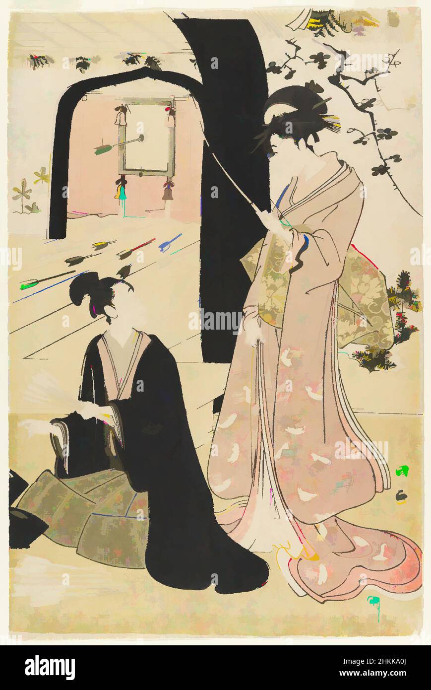 Art inspiré par les jeunes Samurai et les femmes Attendants pratiquant le tir à l'arc, la moitié d'un diptych, Utagawa Toyokuni, japonais, 1769-1825, diptych, Imprimé bois, Japon, env. 1800, période Edo, 15 1/4 x 10 1/8 po., 38,7 x 25,7 cm, tir à l'arc, bijin, bijinga, arc et flèche, Couple, diptych, Edo, oeuvres classiques modernisées par Artotop avec une touche de modernité. Formes, couleur et valeur, impact visuel accrocheur sur l'art émotions par la liberté d'œuvres d'art d'une manière contemporaine. Un message intemporel qui cherche une nouvelle direction créative. Artistes qui se tournent vers le support numérique et créent le NFT Artotop Banque D'Images