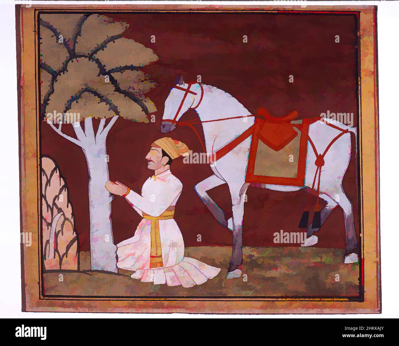 Art inspiré par l'illustration d'une série Madhu-Malati, attribué à Bhagvan, aquarelle opaque et or sur papier, Punjab Hills, Inde, ca. 1799, feuille : 6 1/2 x 8 5/8 po, 16,5 x 21,9 cm, barbu, Bhagvan, Or, cheval, Peinture indienne, agenouillement, Kulu, lacustre d'un Madhu-, œuvres classiques modernisées par Artotop avec une touche de modernité. Formes, couleur et valeur, impact visuel accrocheur sur l'art émotions par la liberté d'œuvres d'art d'une manière contemporaine. Un message intemporel qui cherche une nouvelle direction créative. Artistes qui se tournent vers le support numérique et créent le NFT Artotop Banque D'Images