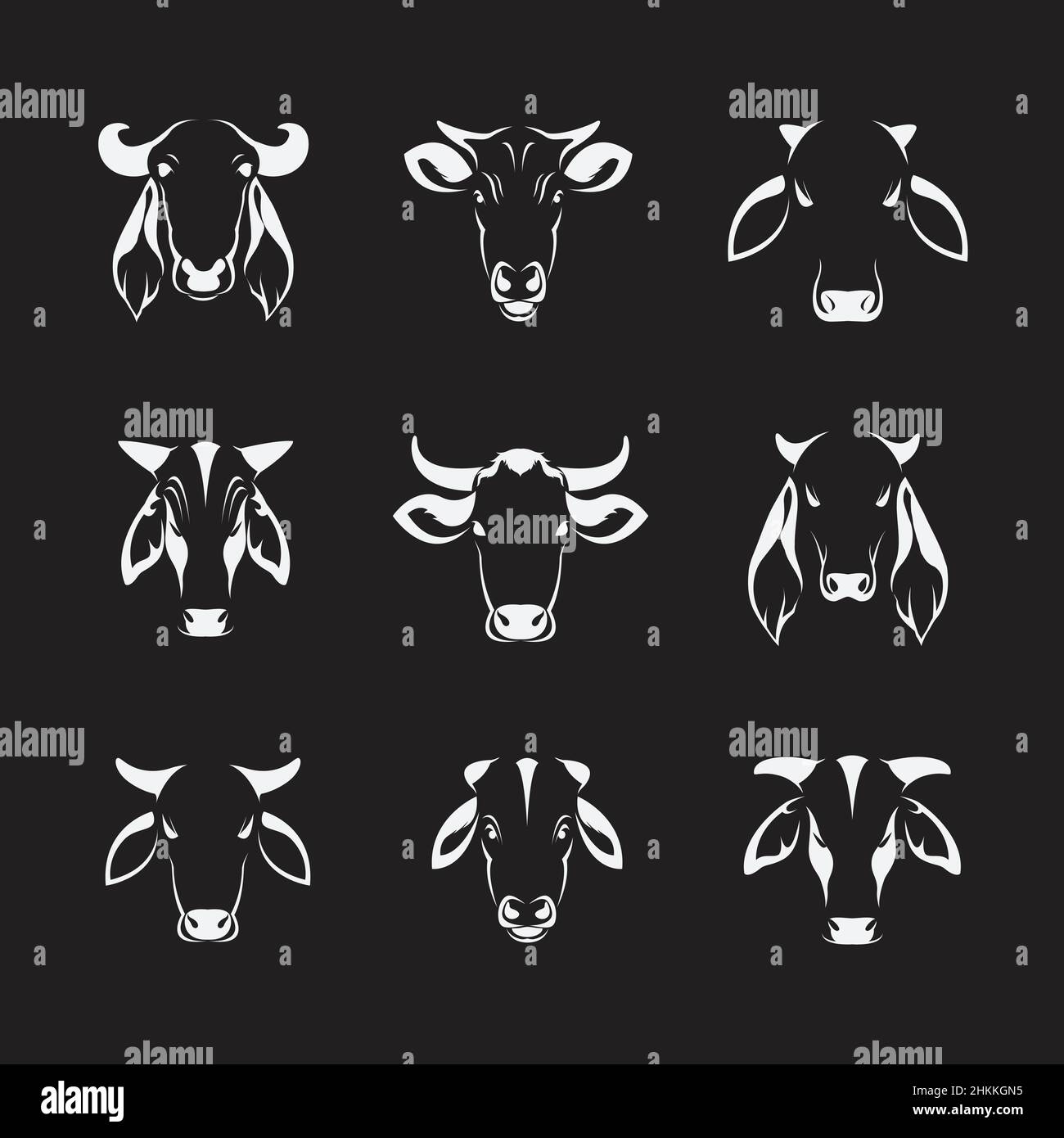 Ensemble vectoriel de tête de vache sur fond noir.Illustration vectorielle superposée facile à modifier. Illustration de Vecteur