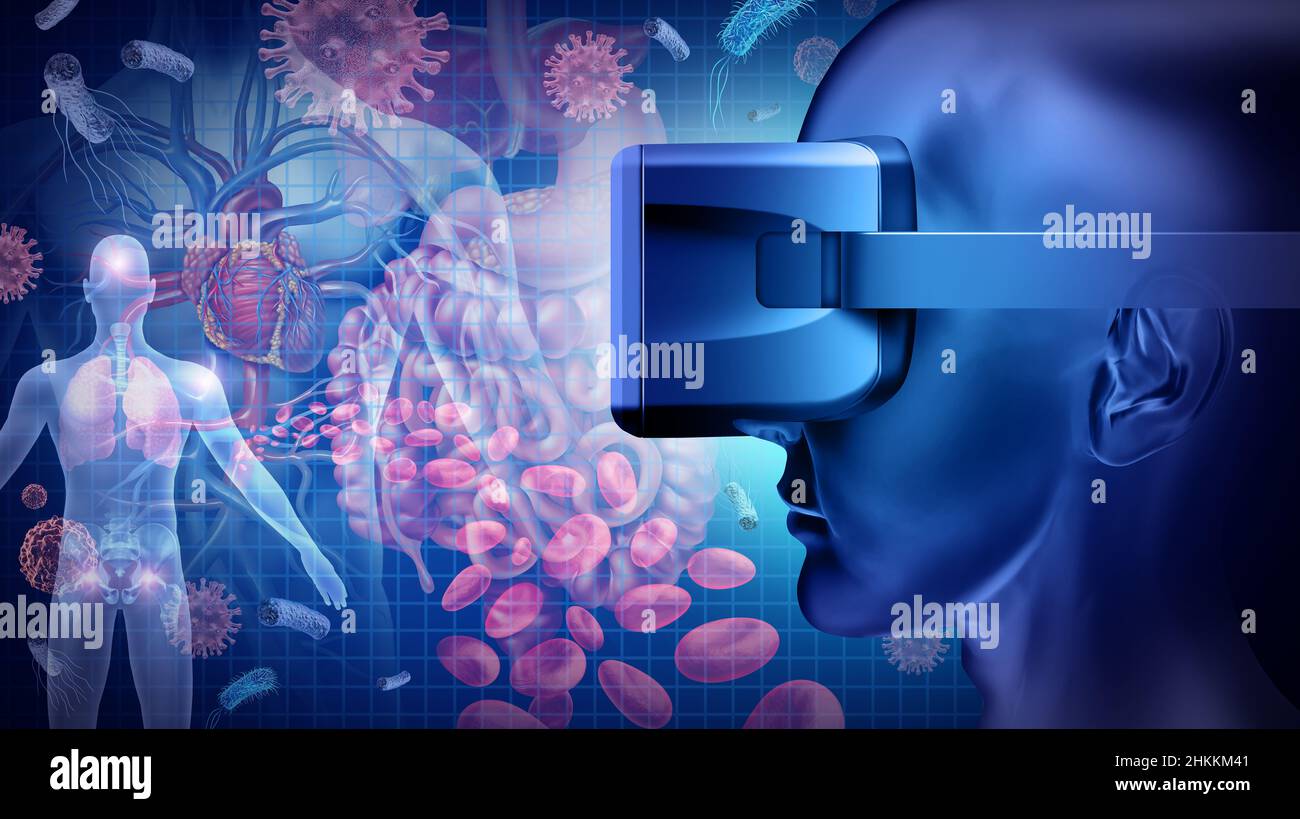 La médecine de réalité virtuelle et la technologie d'éducation médicale comme le corps humain et la maladie voient par un casque VR comme une exploration de santé. Banque D'Images
