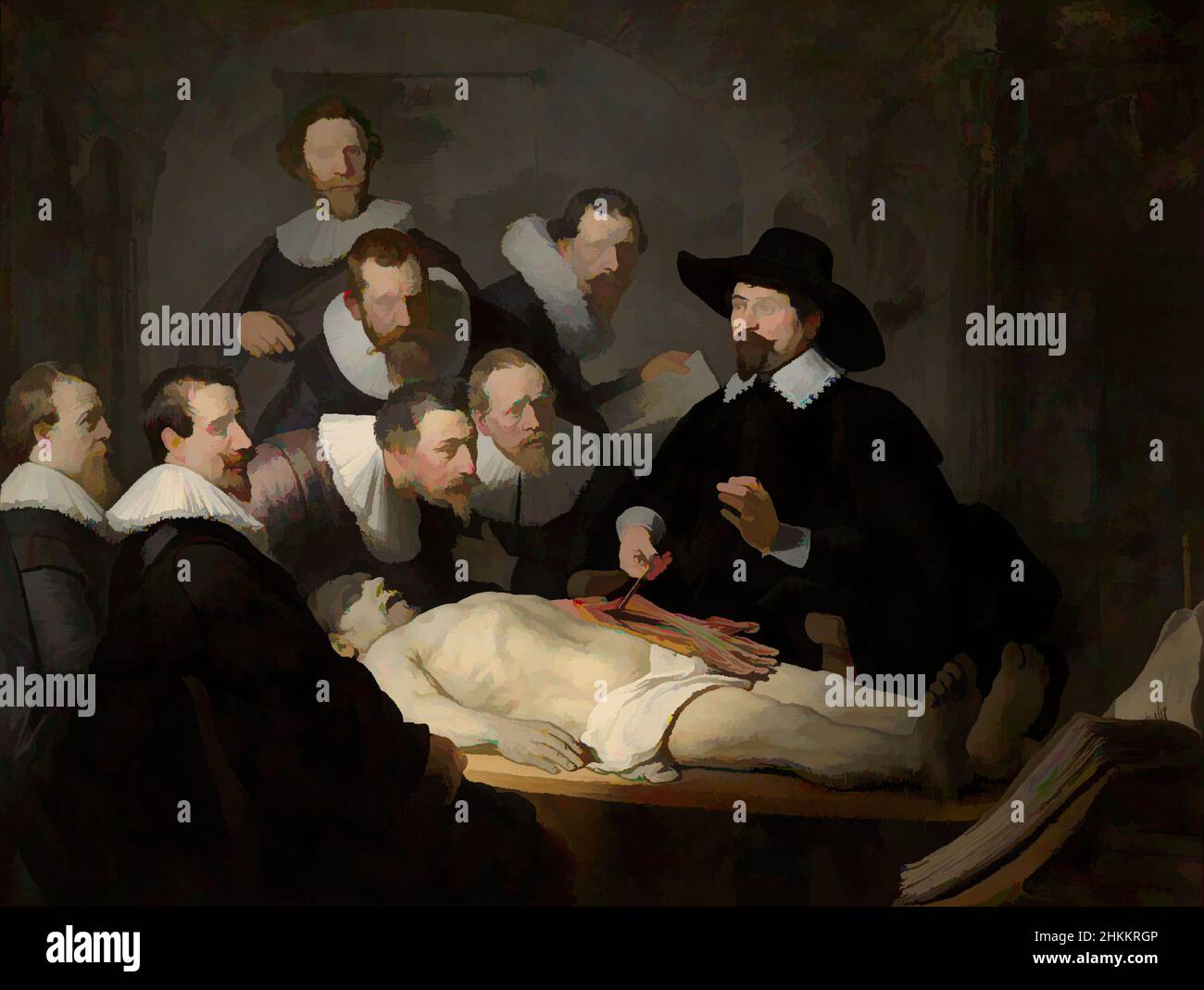 Art inspiré par la leçon d'anatomie du Dr Nicolaes Tulp, Rembrandt van Rijn, 1632, oeuvres classiques modernisées par Artotop avec un peu de modernité. Formes, couleur et valeur, impact visuel accrocheur sur l'art émotions par la liberté d'œuvres d'art d'une manière contemporaine. Un message intemporel qui cherche une nouvelle direction créative. Artistes qui se tournent vers le support numérique et créent le NFT Artotop Banque D'Images