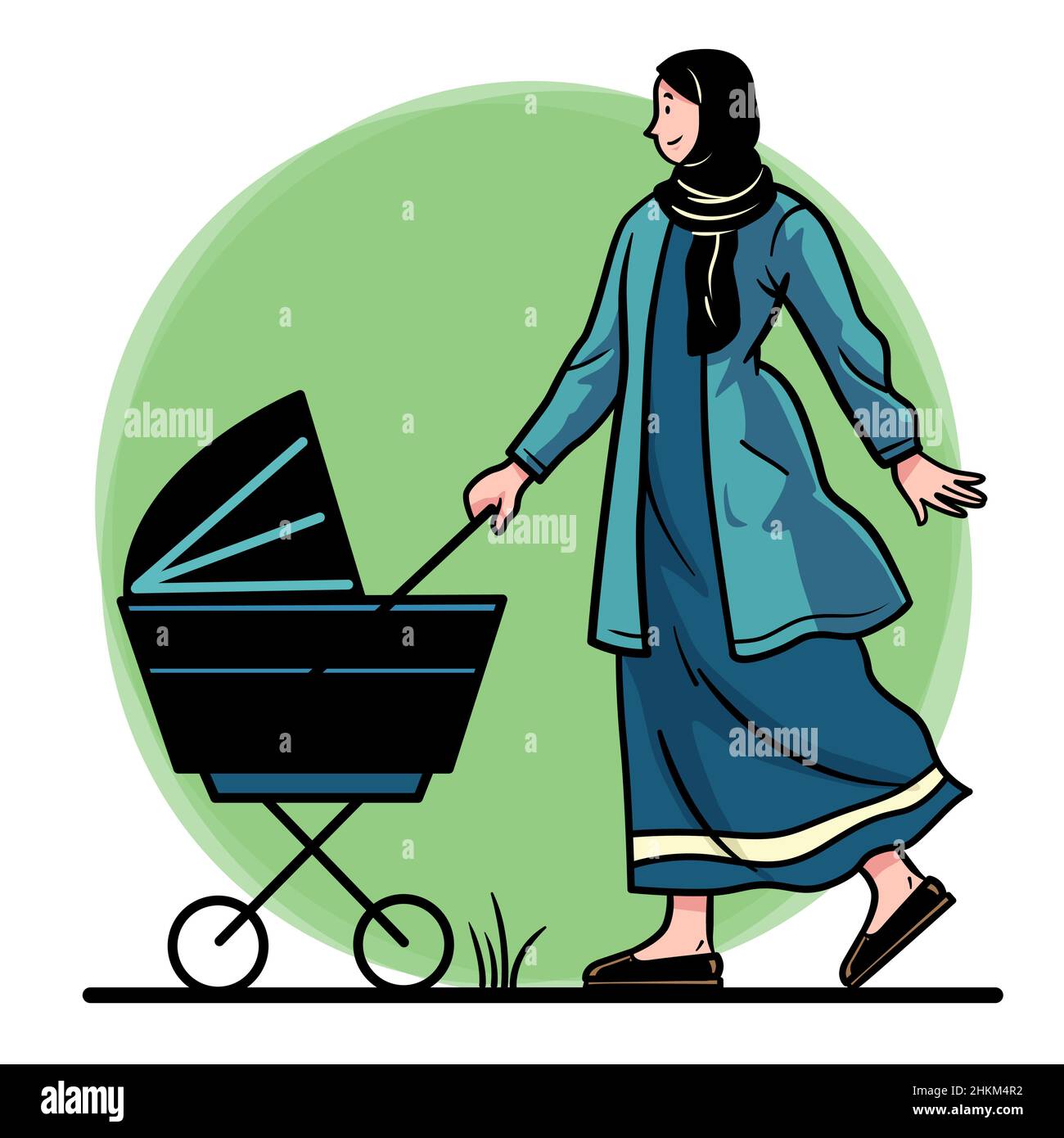 Illustration de la femme musulmane avec hijab poussant la poussette de bébé Illustration de Vecteur