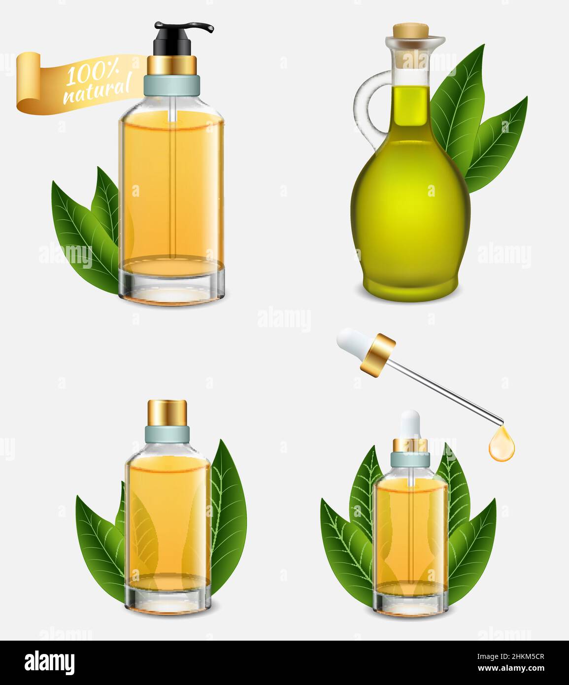 Ensemble de bouteilles d'huile pour arbre à thé, illustration vectorielle réaliste Illustration de Vecteur