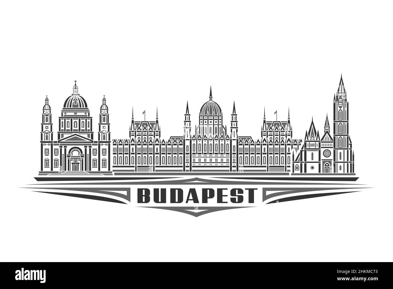 Illustration vectorielle de Budapest, affiche horizontale monochrome avec design linéaire célèbre paysage de la ville de budapest, concept d'art urbain avec le décoratif Illustration de Vecteur