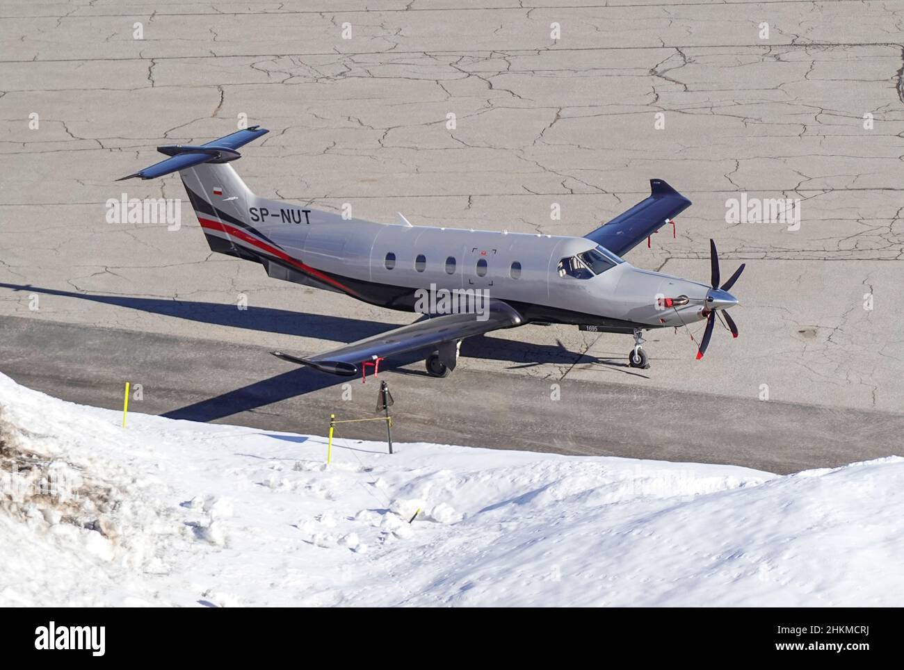 Privatflugzeug, Pilatus PC-12/47E, SP-NUT, Flughafen, Altiport de Courchevel,Vallée de Courchevel, Département Savoie, Frankreich Banque D'Images