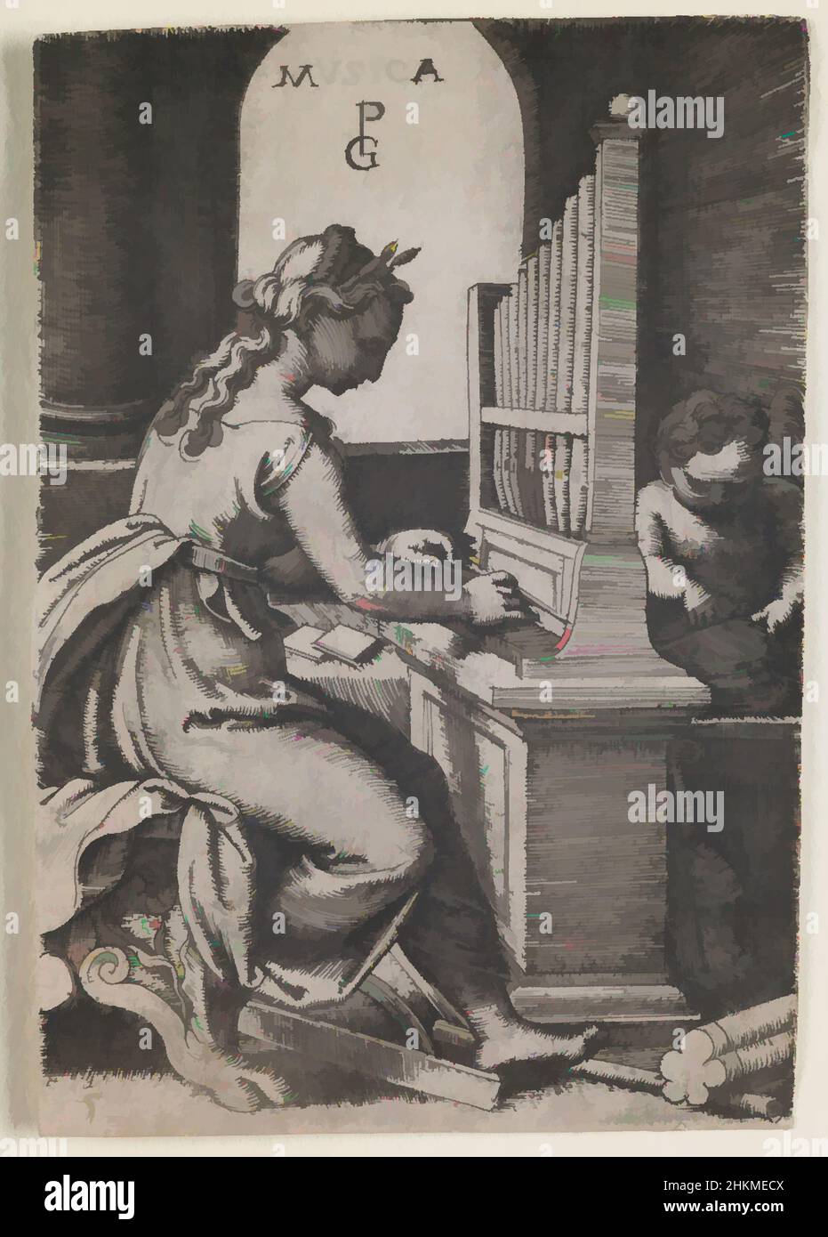 Art inspiré par Musica, de la série "The Liberal Arts", Georg Pentz, allemand, c. 1500-1550, c.1541, Gravure, faite en Allemagne, Europe, estampes, plaque: 2 15/16 x 2 1/16 po. (7,5 x 5,2 cm, œuvres classiques modernisées par Artotop avec une touche de modernité. Formes, couleur et valeur, impact visuel accrocheur sur l'art émotions par la liberté d'œuvres d'art d'une manière contemporaine. Un message intemporel qui cherche une nouvelle direction créative. Artistes qui se tournent vers le support numérique et créent le NFT Artotop Banque D'Images