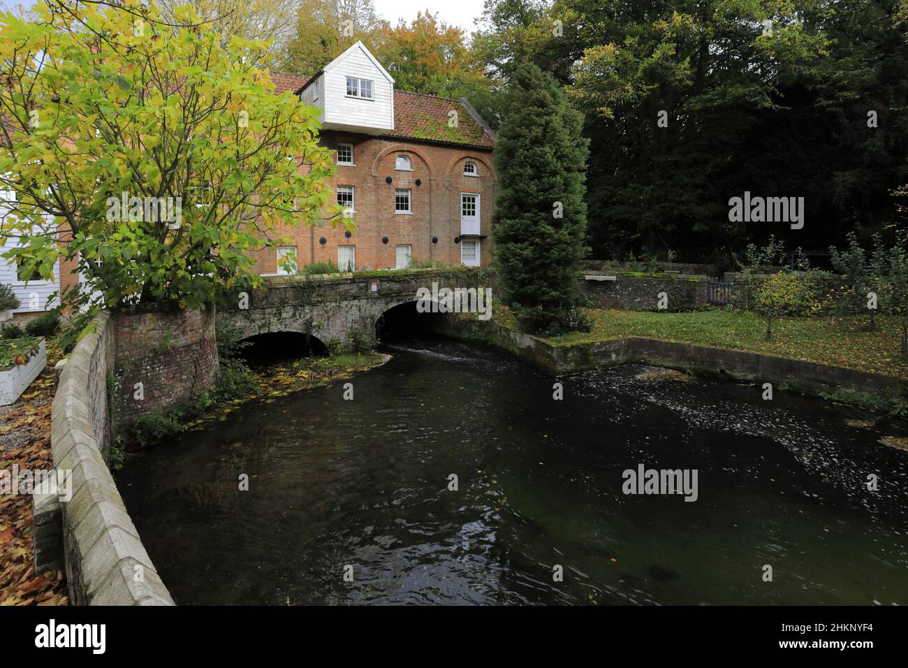 Vue sur Narborough Mill, la rivière Nar, le village de Narborough, North Norfolk, Angleterre,ROYAUME-UNI Banque D'Images