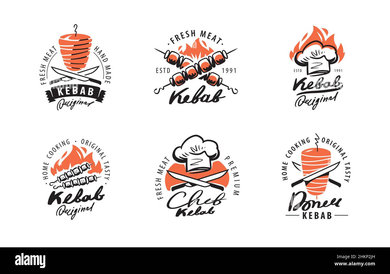 Jeu de Kebab, étiquettes pour barbecue.Éléments de design pour logo, badge, emblème, menu de restaurant, prospectus Illustration de Vecteur