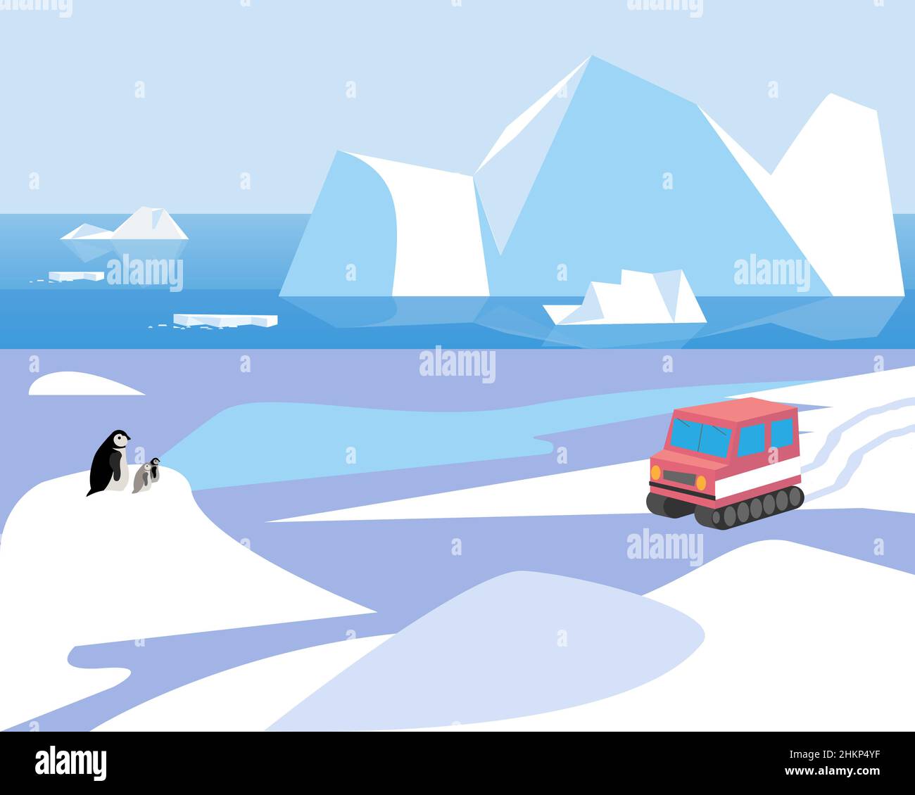 Paysage de l'Antarctique avec les glaciers, une famille de pingouins envisage une motoneige, illustration vectorielle.Paysage du pôle Sud Illustration de Vecteur
