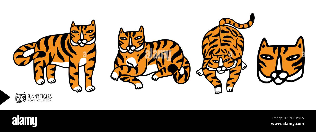 Ensemble de tigres en adorable motif de dessin animé.Ensemble de personnages Tiger vectoriels colorés dans différentes poses.Illustration isolée sur blanc Illustration de Vecteur