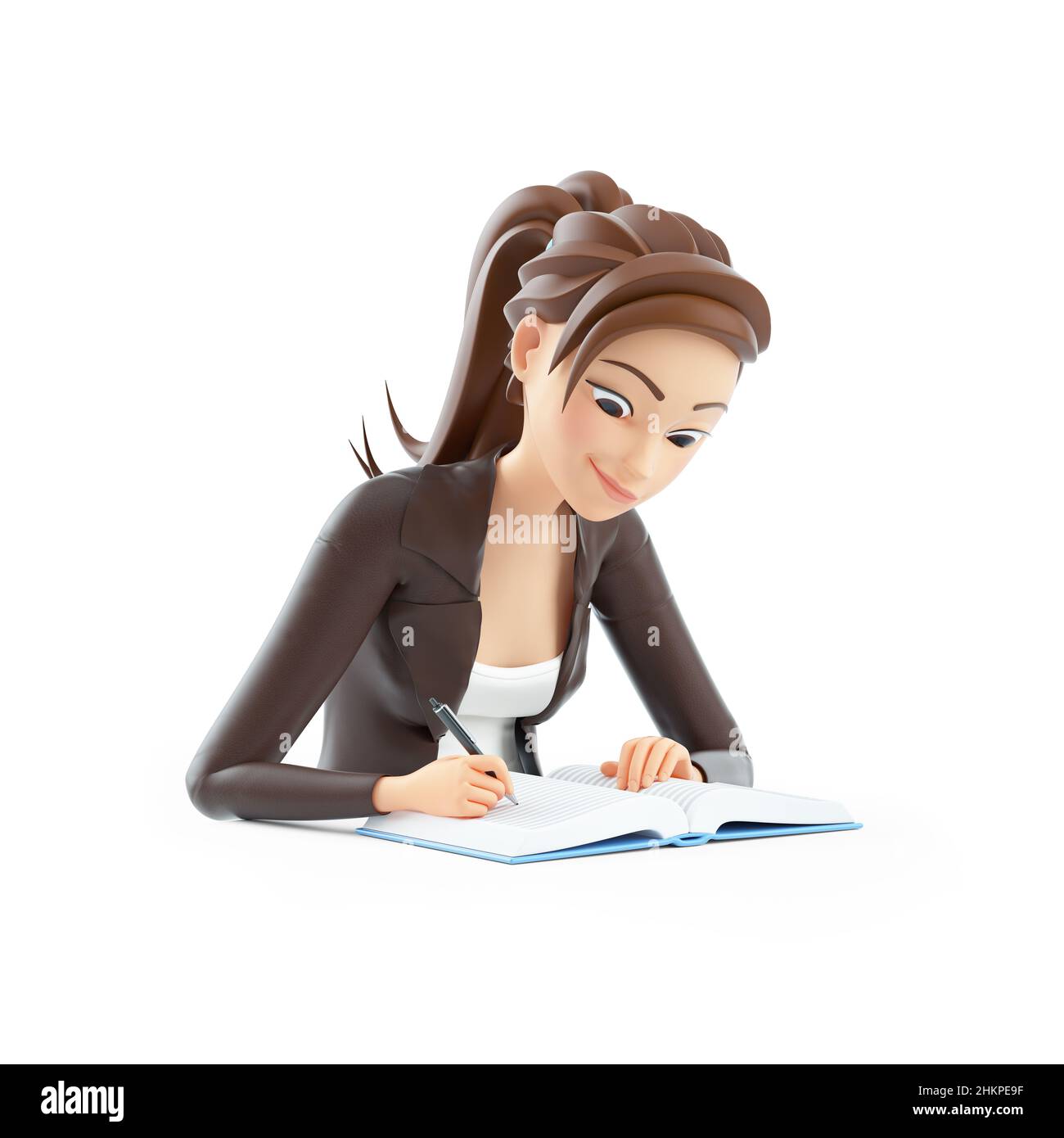 3d caricature femme faisant ses devoirs, illustration isolée sur fond blanc Banque D'Images