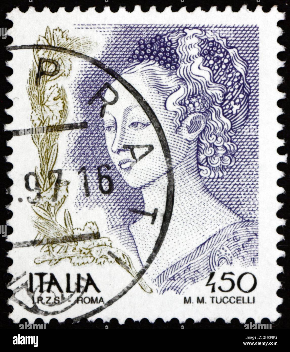 ITALIE - VERS 1998: Un timbre imprimé en Italie montre le portrait de femme, détail de la fête des humeurs, peinture par Filippo Lippi, vers 1998 Banque D'Images