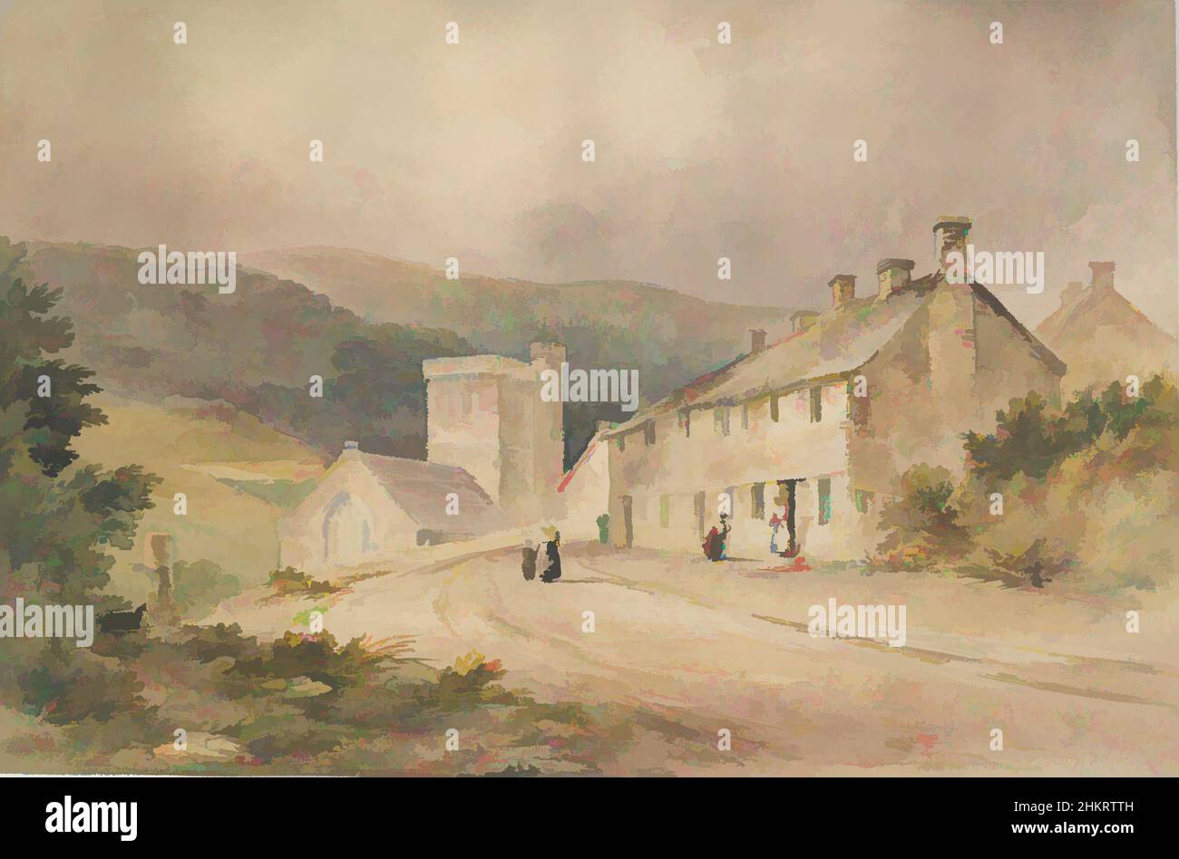 Art inspiré par le paysage avec chalet et église, Conrad Martens, 1831, oeuvres classiques modernisées par Artotop avec un peu de modernité. Formes, couleur et valeur, impact visuel accrocheur sur l'art émotions par la liberté d'œuvres d'art d'une manière contemporaine. Un message intemporel qui cherche une nouvelle direction créative. Artistes qui se tournent vers le support numérique et créent le NFT Artotop Banque D'Images